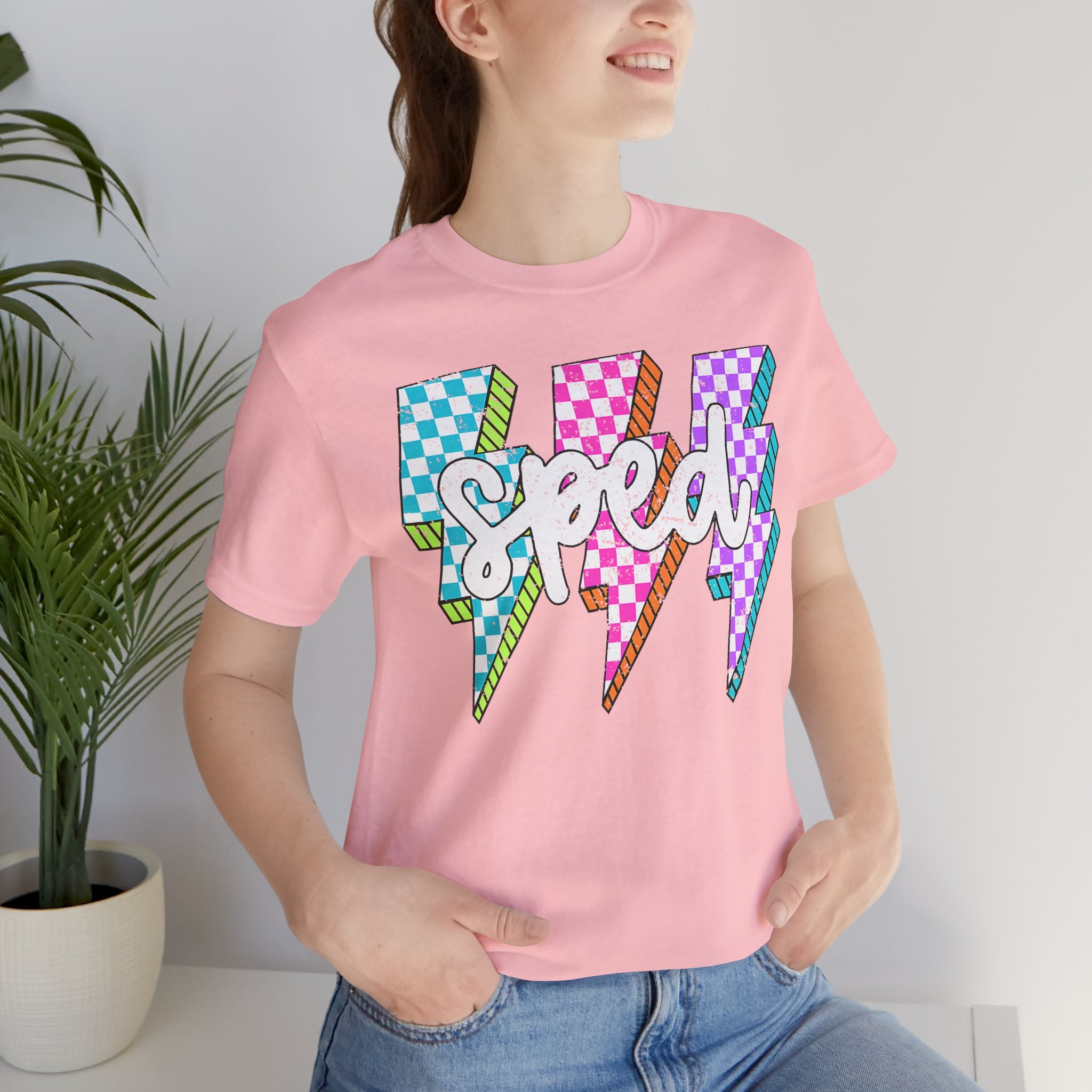 Speed Lightning Tee — Retro Checkerboard Bolt Graphic T-Shirt