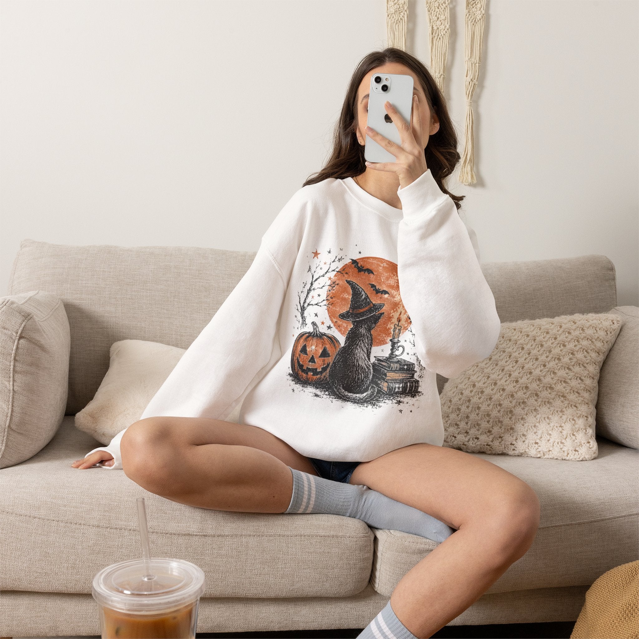 Crewneck Sweatshirt — Halloween Cat Witch Moon Graphic