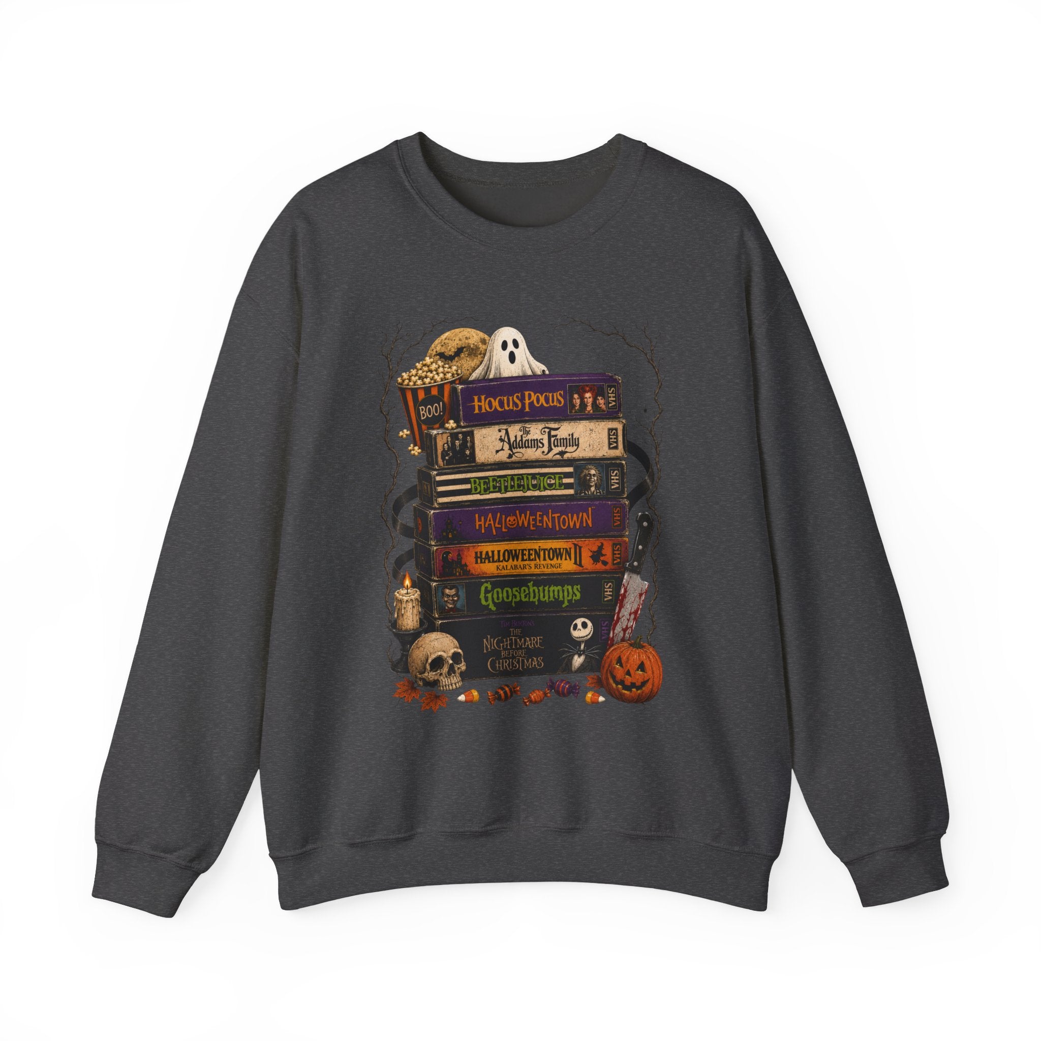 Halloween Book Stack Crewneck Sweatshirt — Spooky Classics Stack with Pumpkin & Skulls