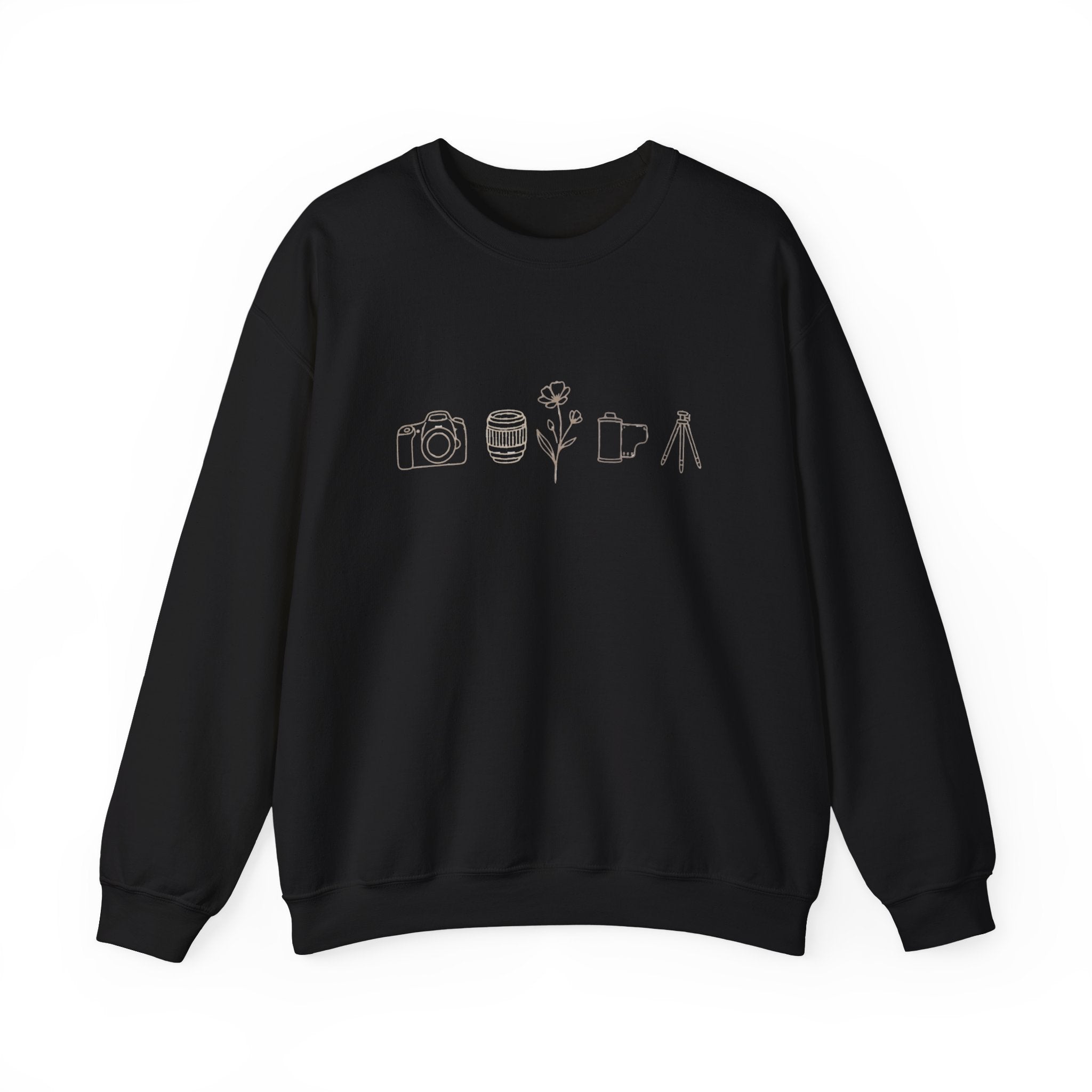 Photography Icons Crewneck Sweatshirt — Minimal Camera, Lens, Film & Tripod Design
