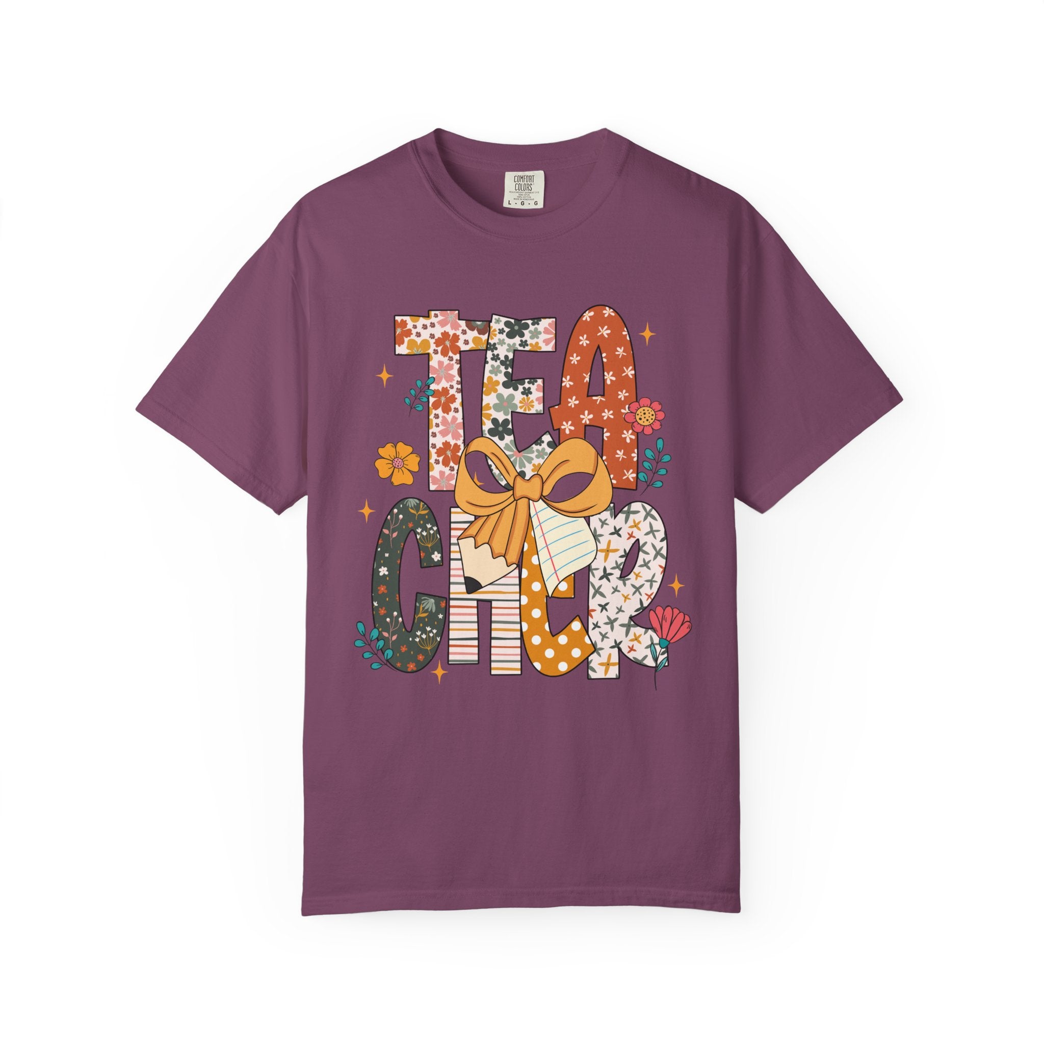 Teacher Graphic T-Shirt — Floral "Teacher" Design with Ribbon