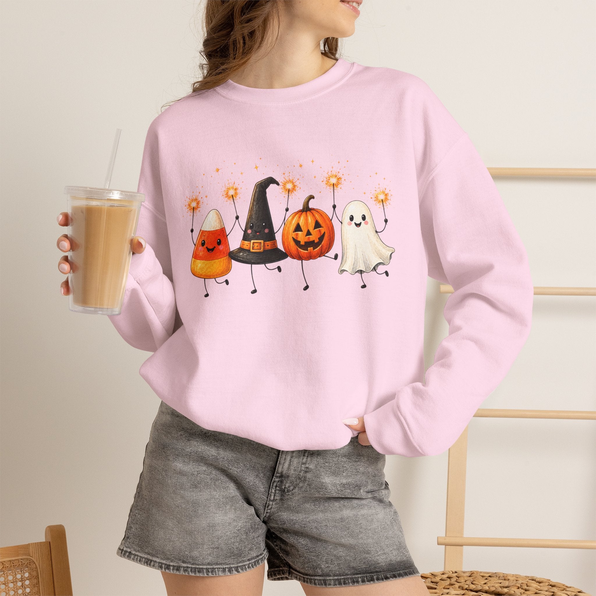 Halloween Friends Crewneck Sweatshirt — Cute Candy Corn, Witch Hat, Jack-o'-Lantern & Ghost Design