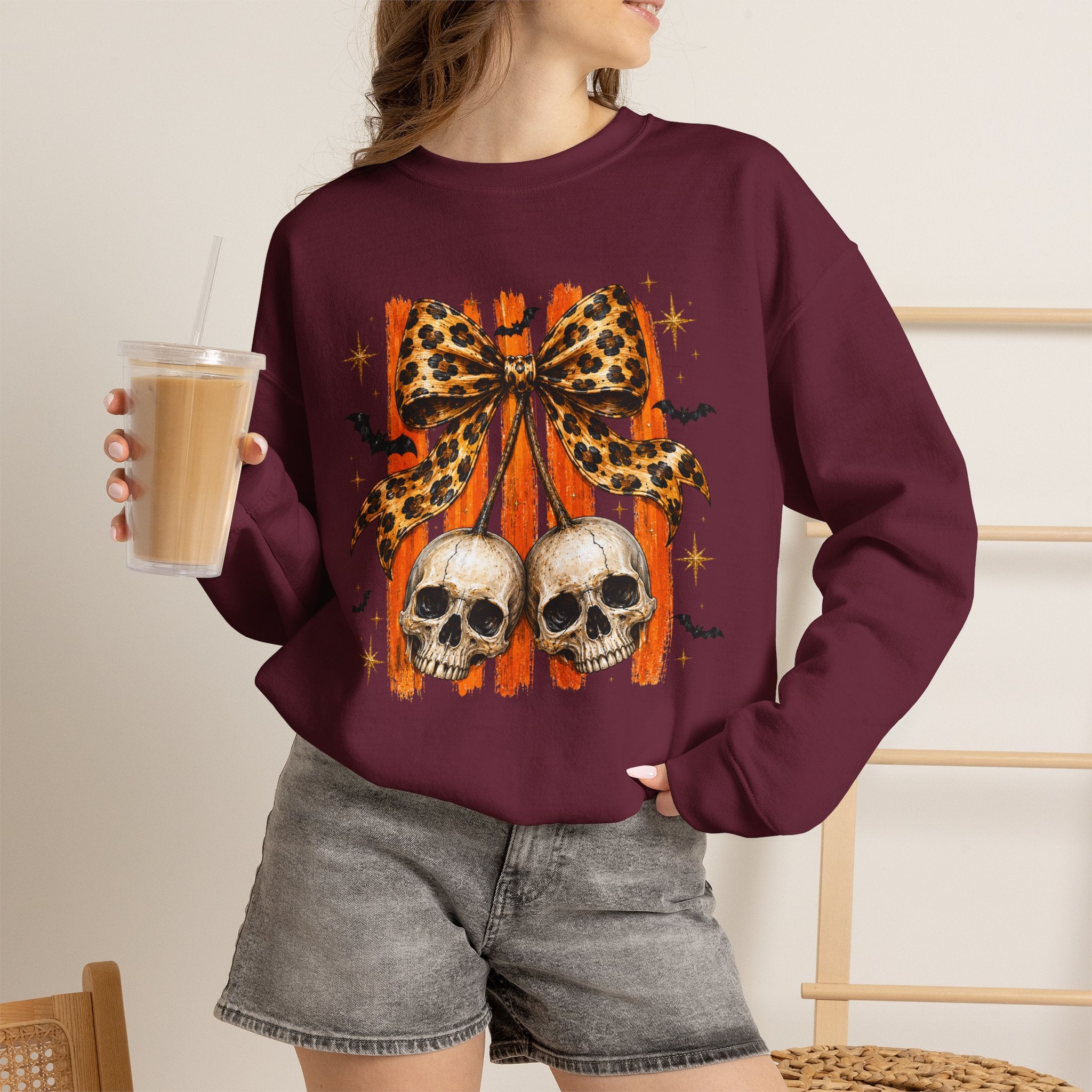 Skull Bow Sweatshirt — Leopard Bow Halloween Crewneck