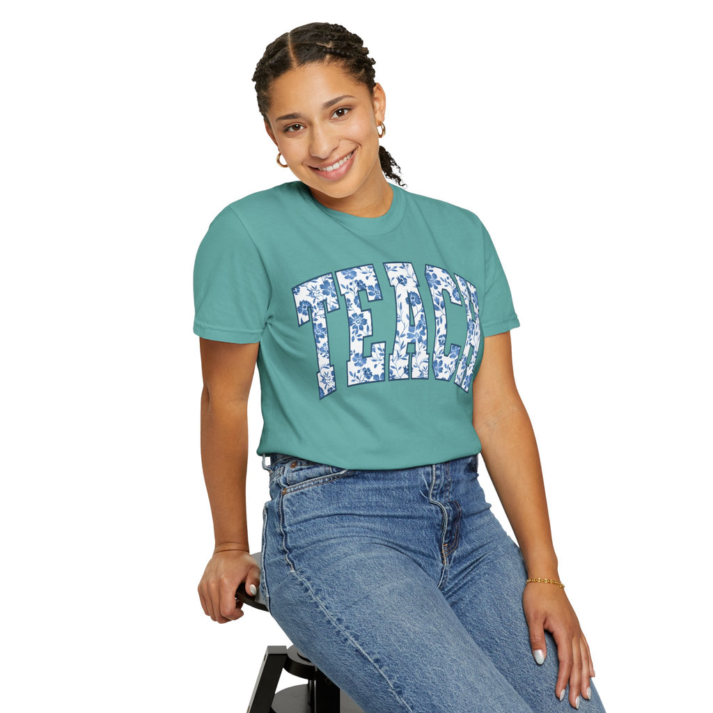 Teacher Floral Arch T-Shirt — 'TEACH' Blue Floral Print Tee