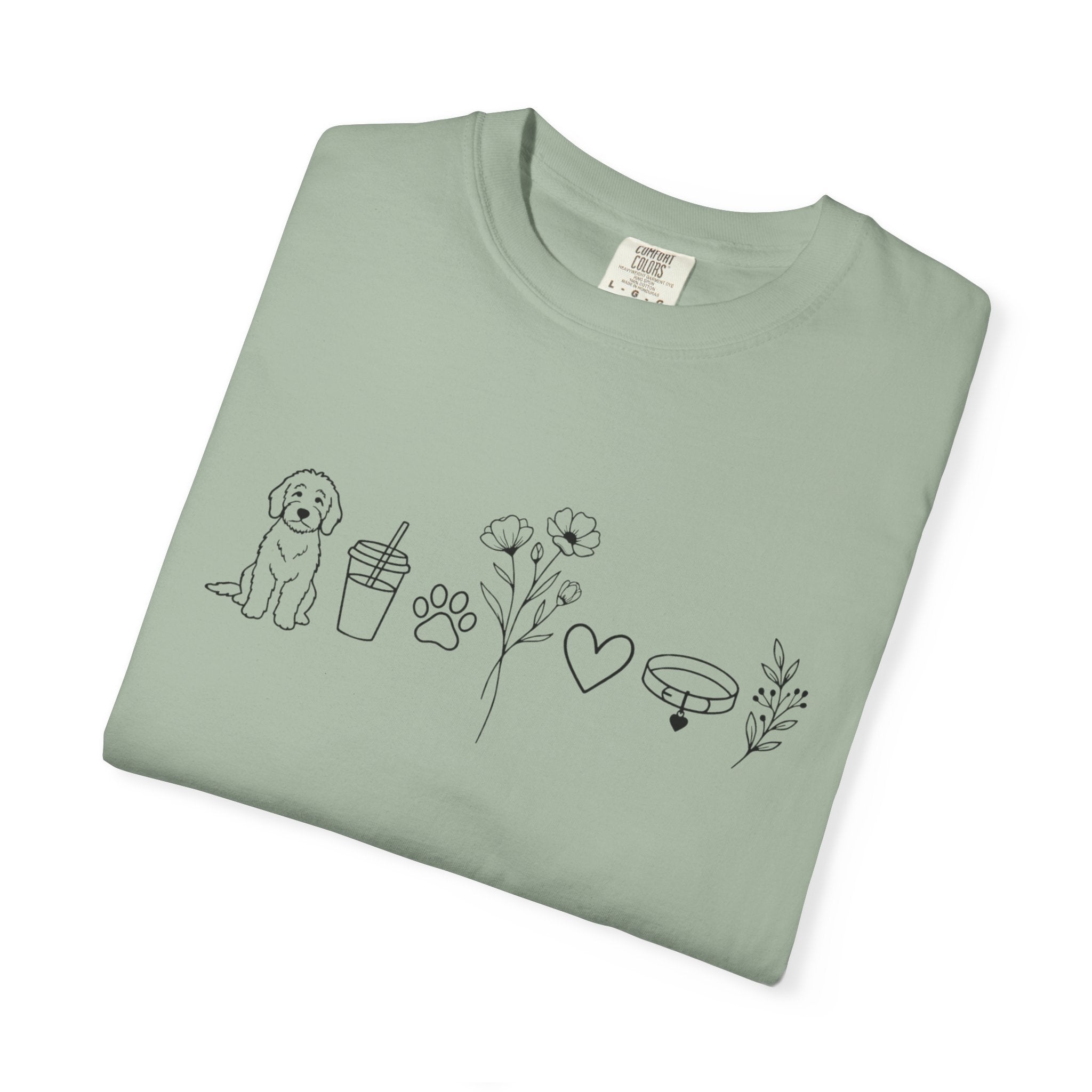Minimal Doodle and Floral Icons T-Shirt — Coffee, Plants & Dog Line Art Tee