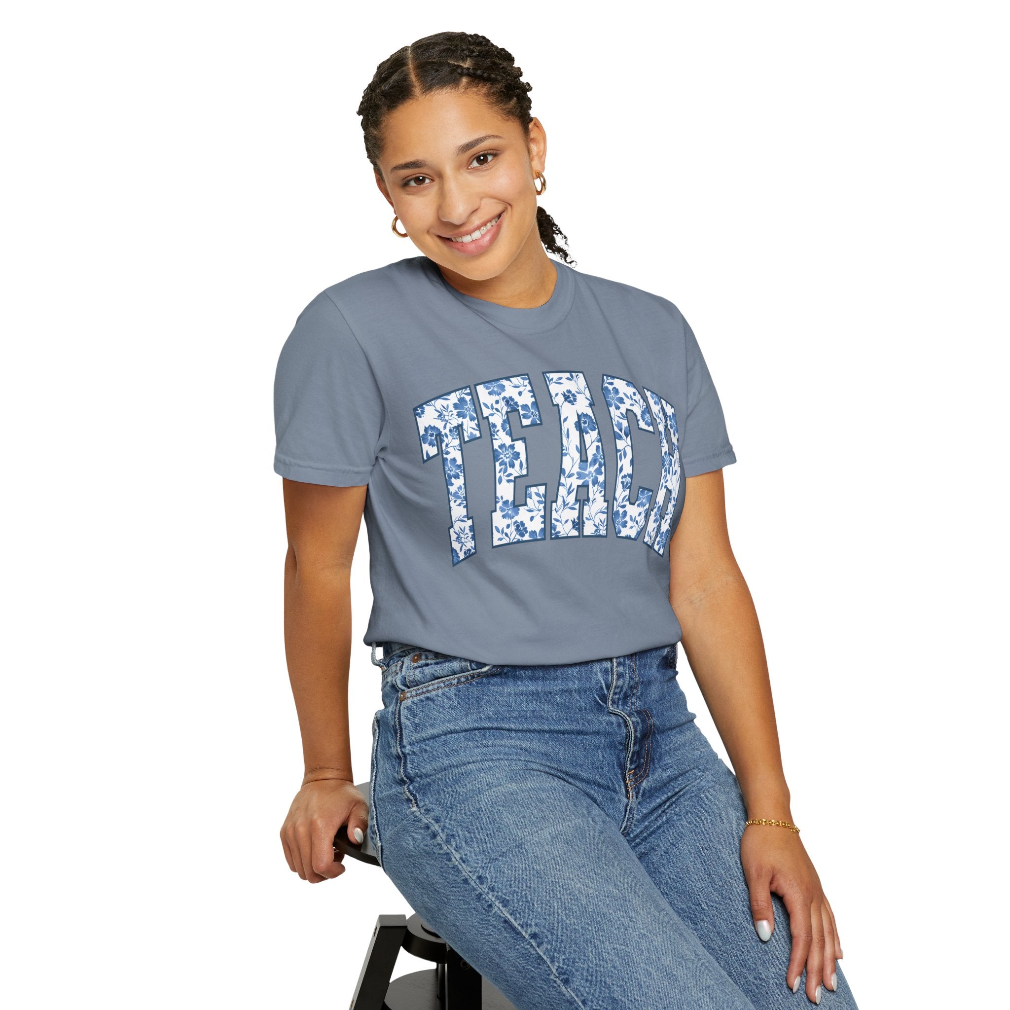 Teacher Floral Arch T-Shirt — 'TEACH' Blue Floral Print Tee