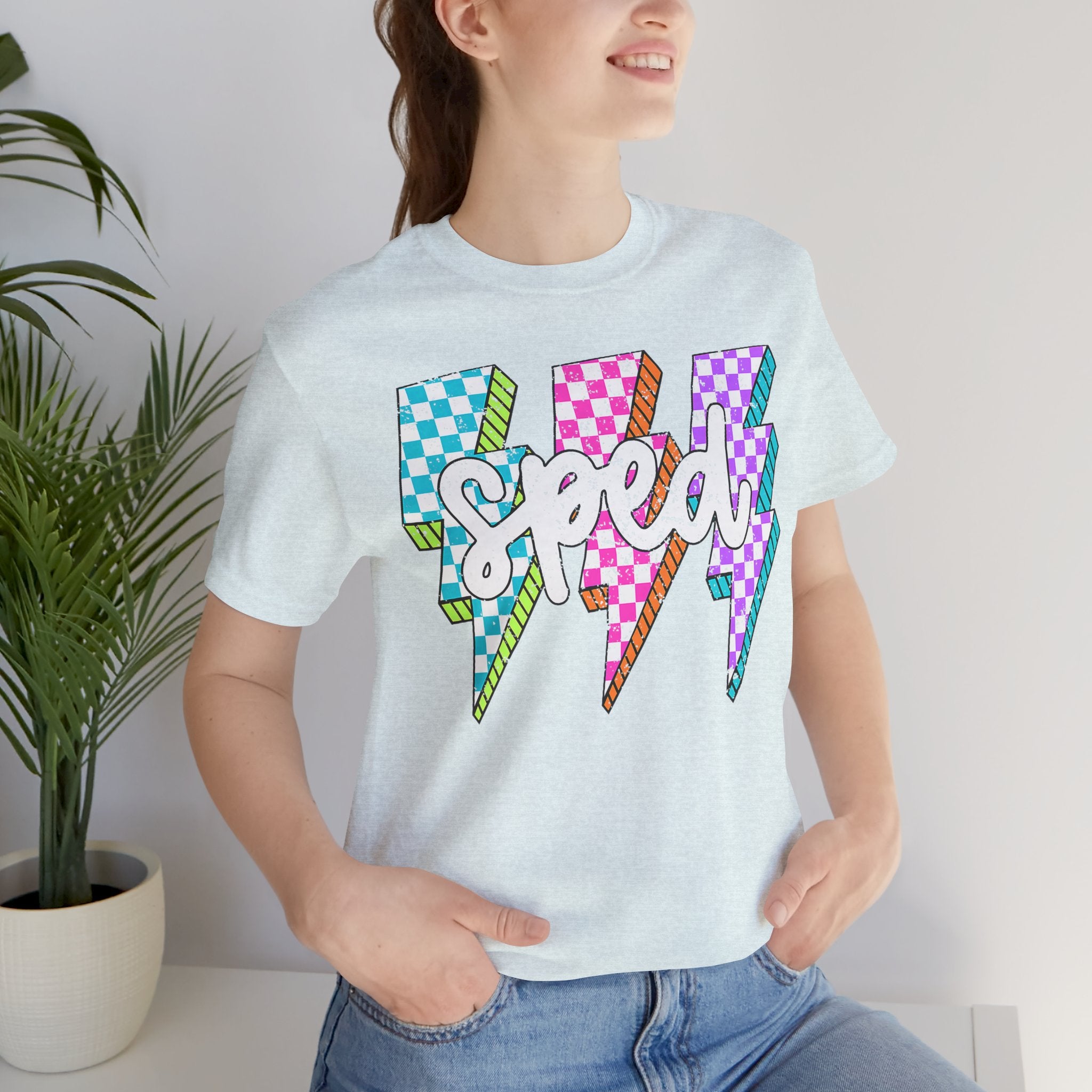 Speed Lightning Tee — Retro Checkerboard Bolt Graphic T-Shirt