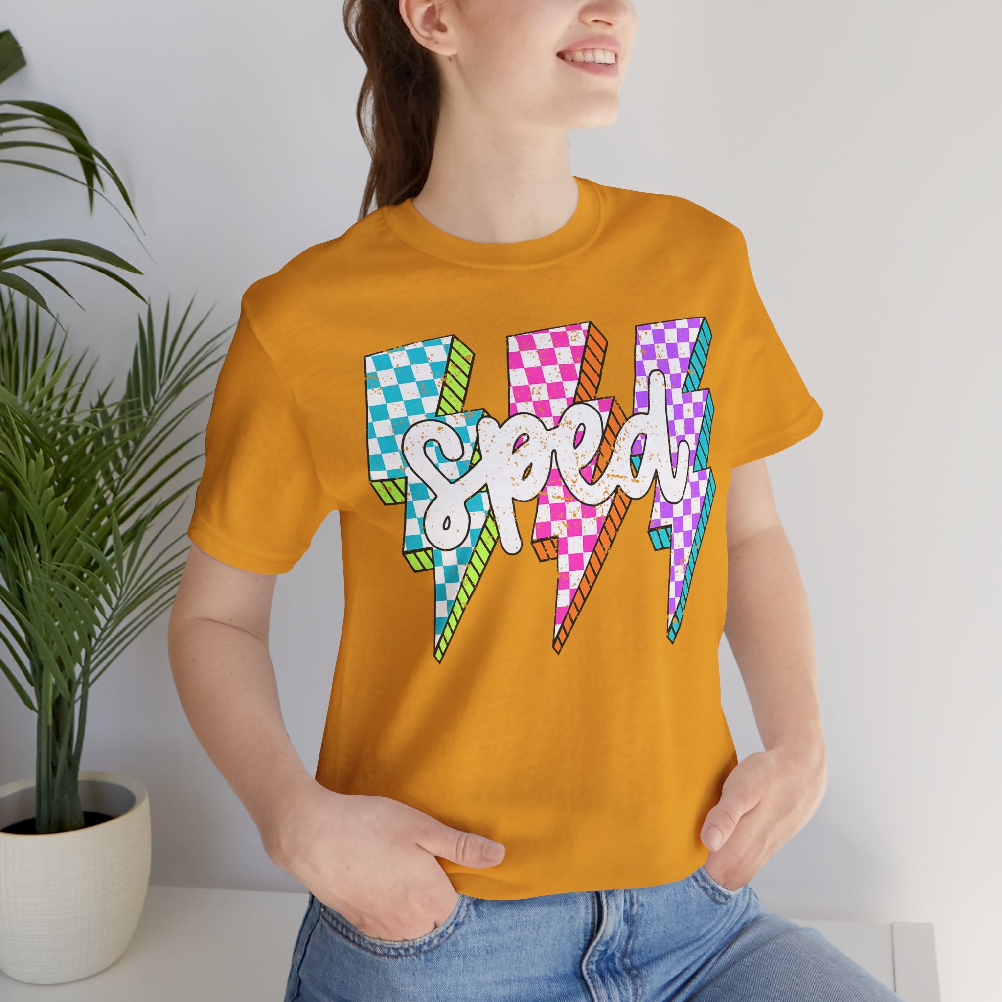 Speed Lightning Tee — Retro Checkerboard Bolt Graphic T-Shirt