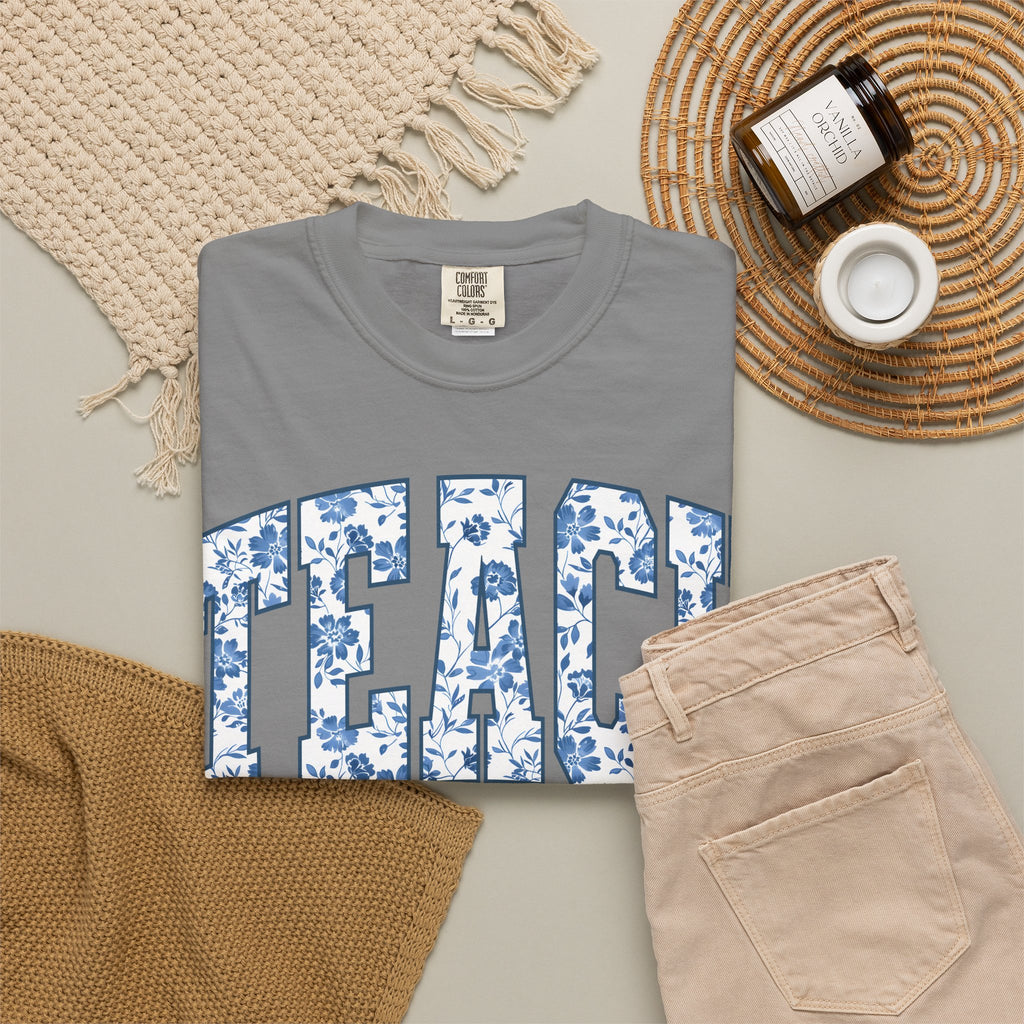 Teacher Floral Arch T-Shirt — 'TEACH' Blue Floral Print Tee
