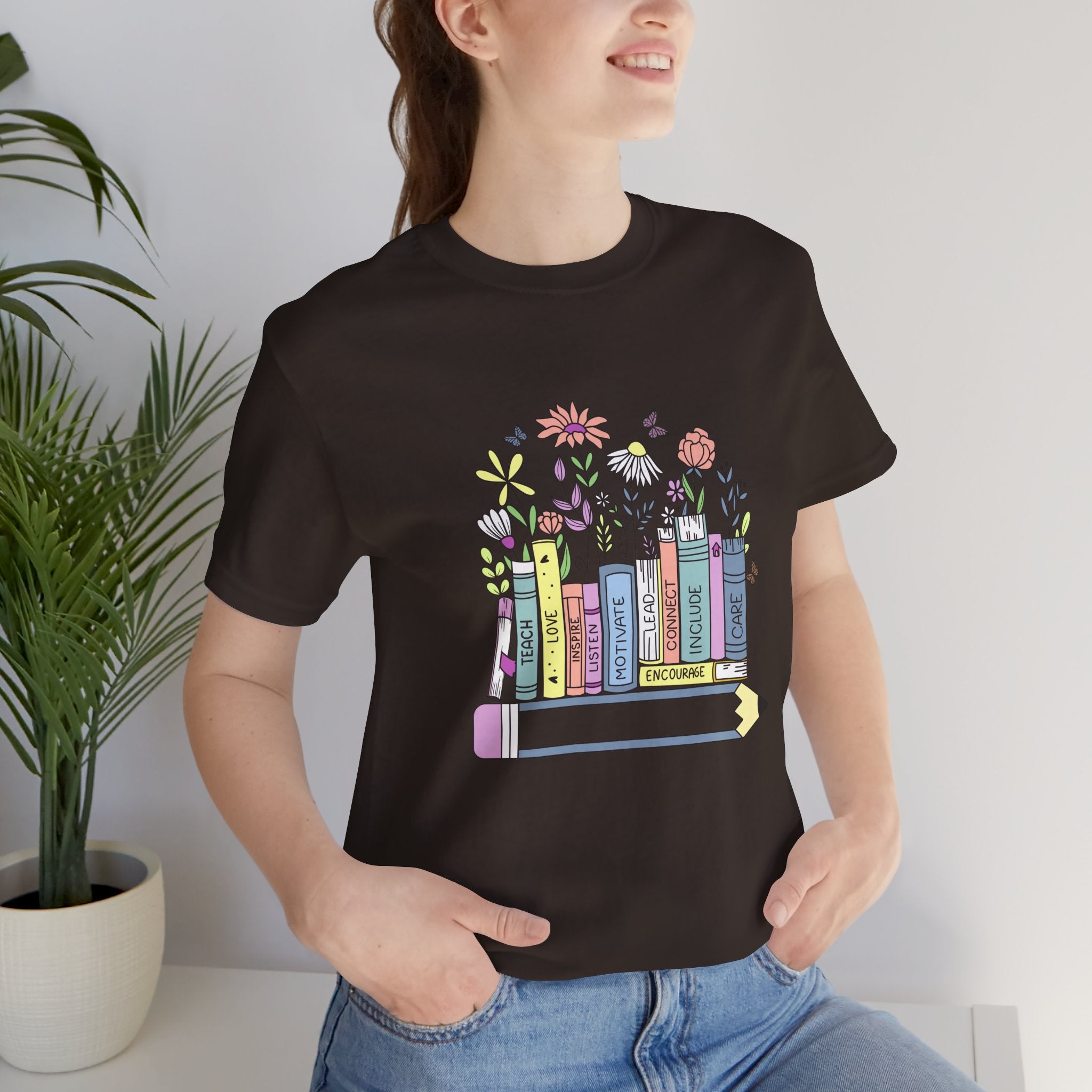 Book Lover T‑Shirt — Teacher Floral Books & Pencil Illustration Tee
