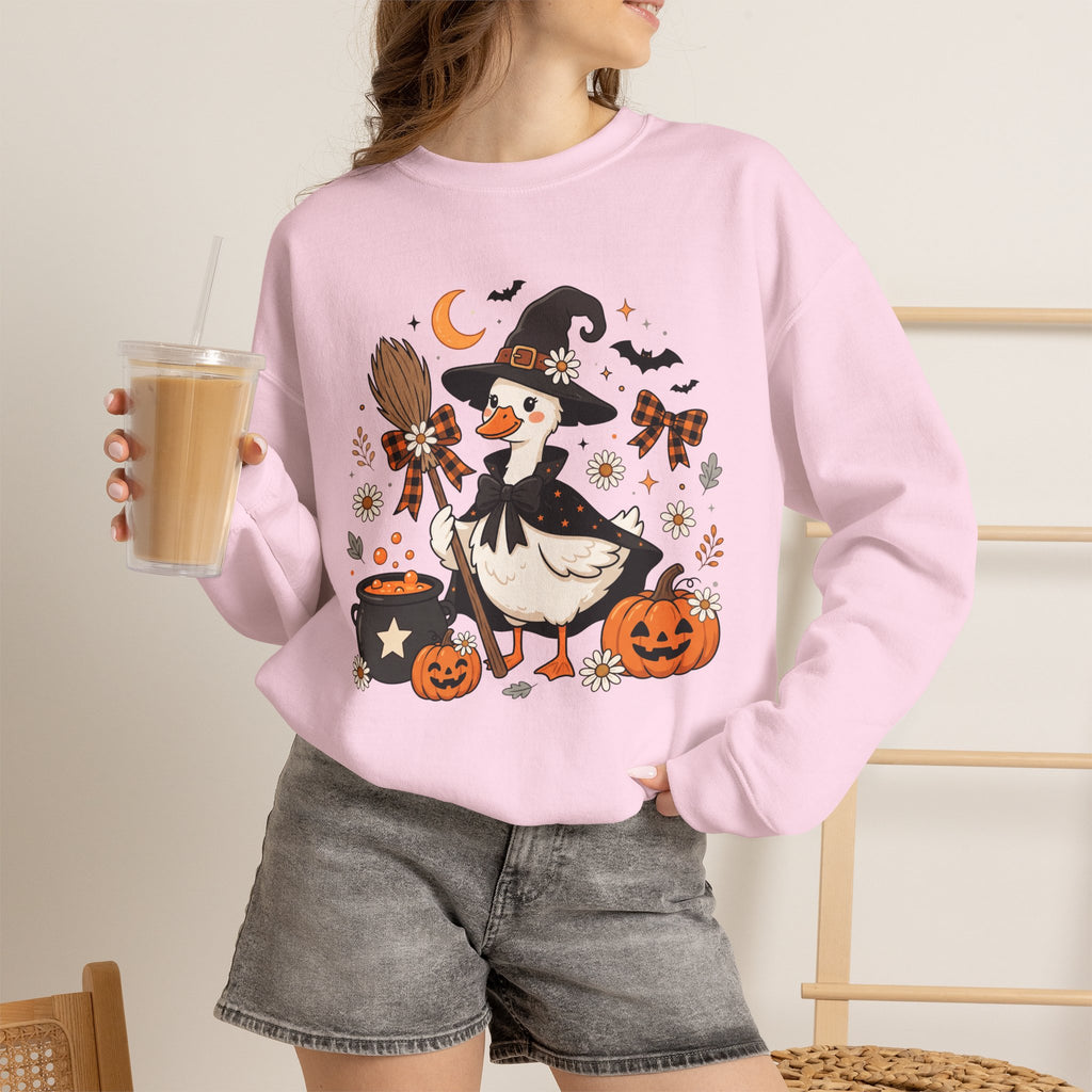 Halloween Duck Witch Crewneck Sweatshirt — Cute Pumpkin & Cauldron Graphic