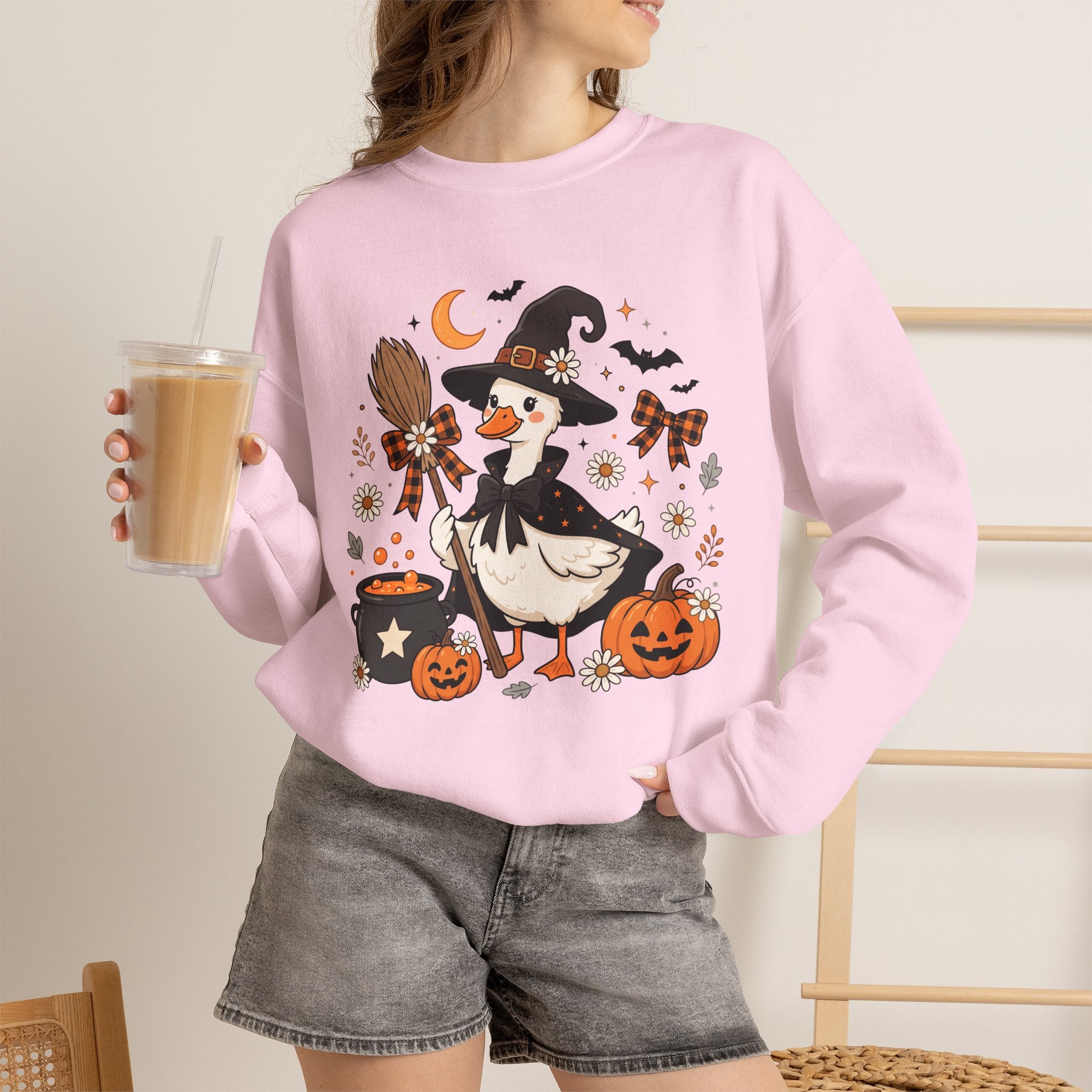 Halloween Duck Witch Crewneck Sweatshirt — Cute Pumpkin & Cauldron Graphic