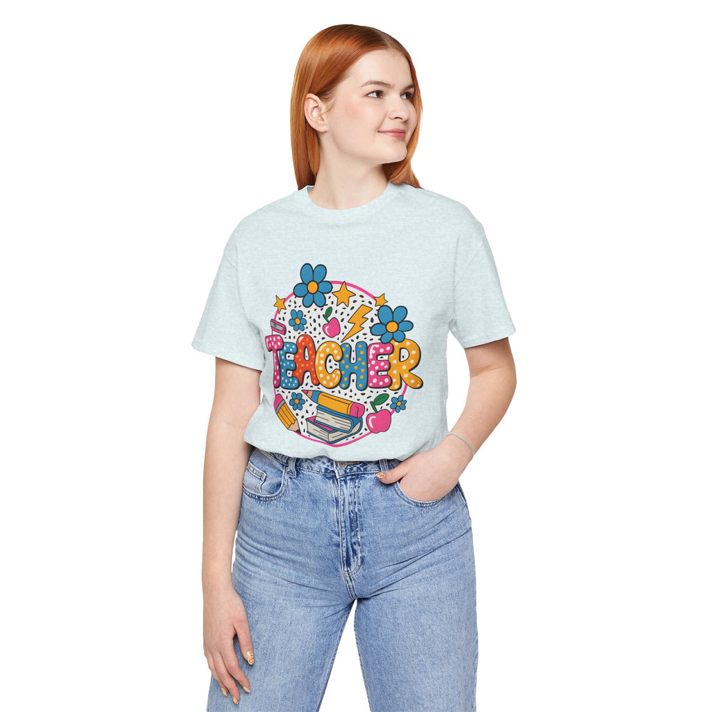 Teacher Doodle Graphic Tee — Colorful School Supplies Design