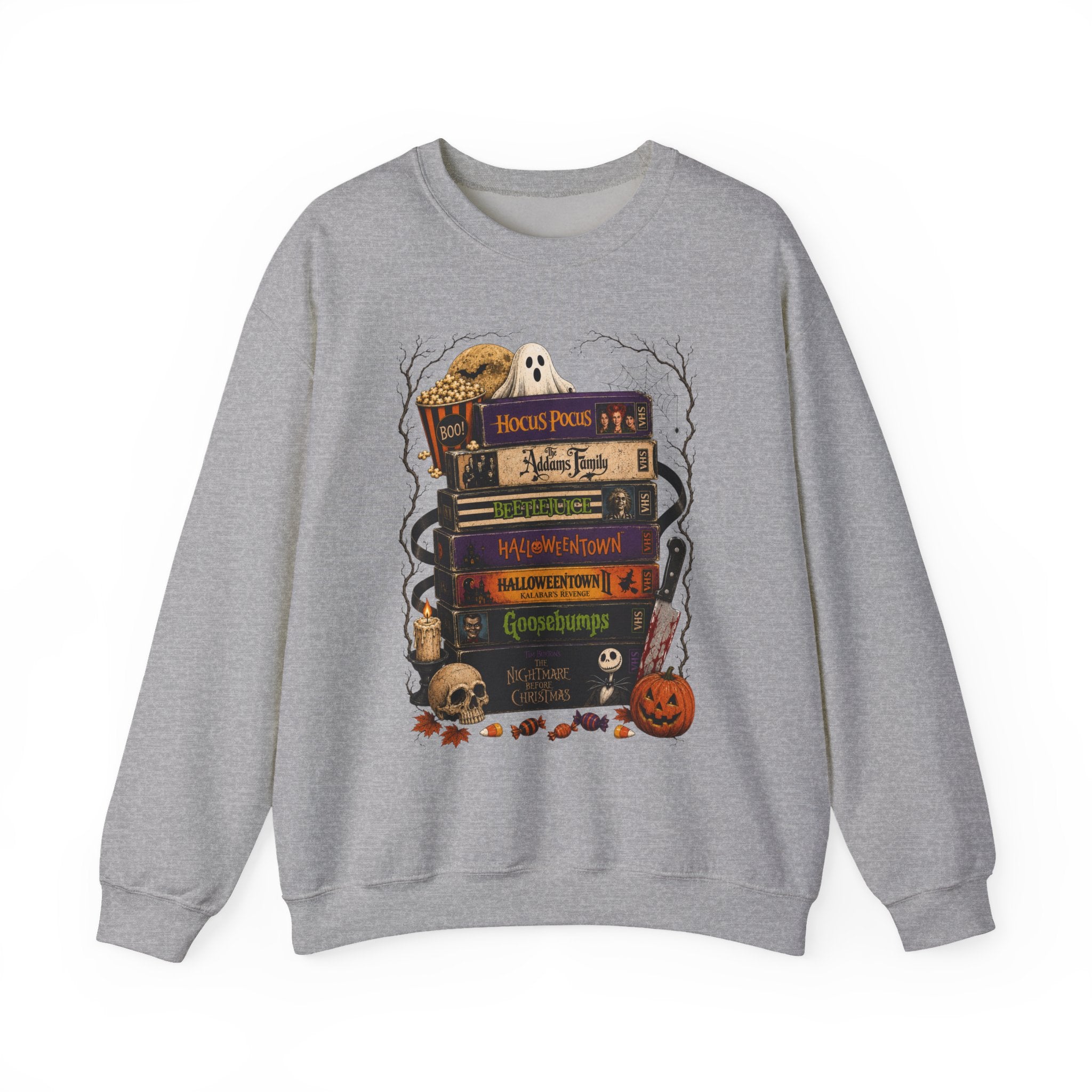 Halloween Book Stack Crewneck Sweatshirt — Spooky Classics Stack with Pumpkin & Skulls