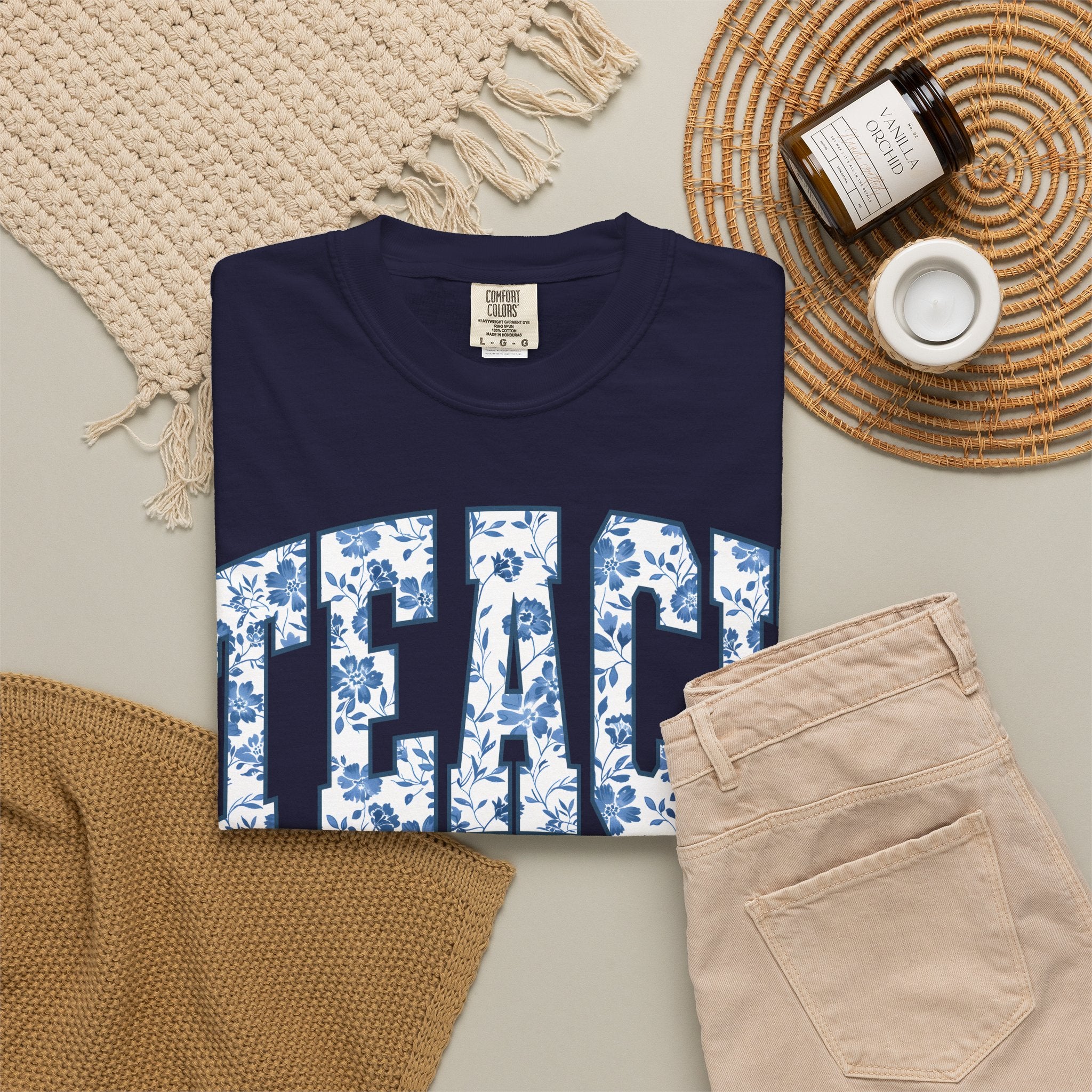 Teacher Floral Arch T-Shirt — 'TEACH' Blue Floral Print Tee