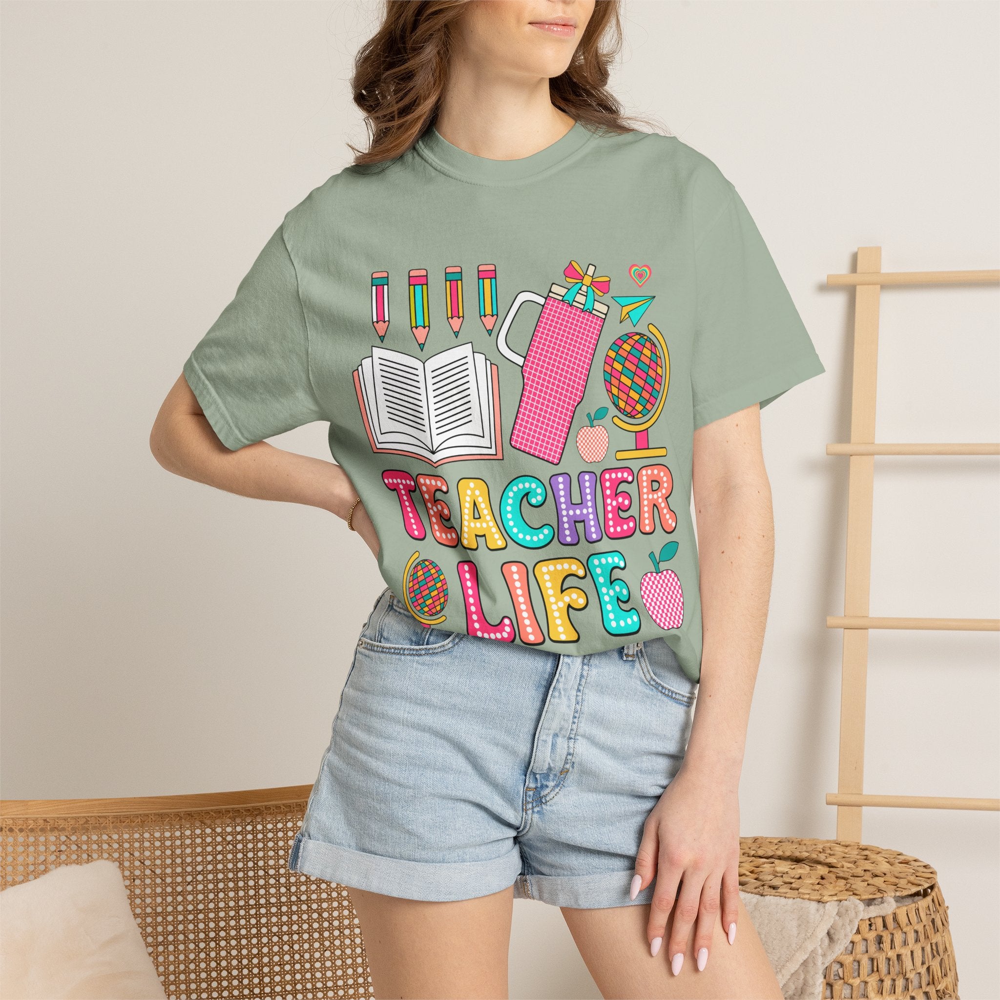 Teacher Life T-Shirt — Colorful School Supplies Graphic Tee