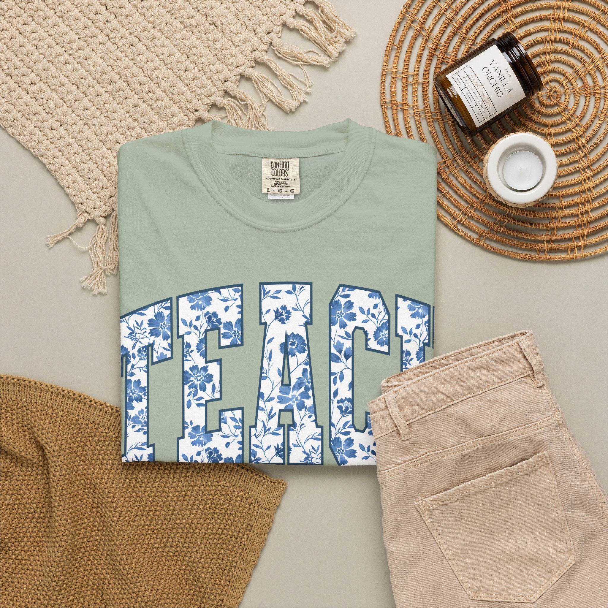 Teacher Floral Arch T-Shirt — 'TEACH' Blue Floral Print Tee