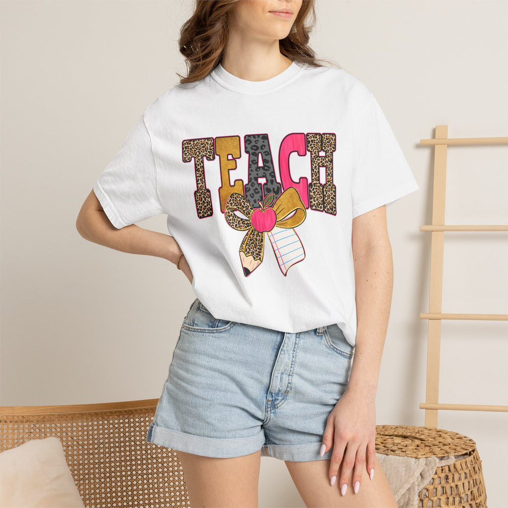 Teacher Graphic Tee — 'TEACH' Leopard Print Pencil Bow Design