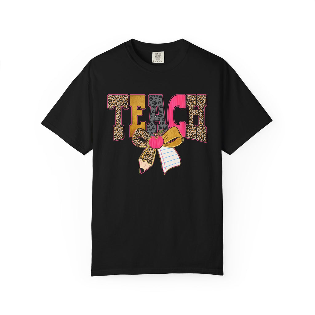 Teacher Graphic Tee — 'TEACH' Leopard Print Pencil Bow Design