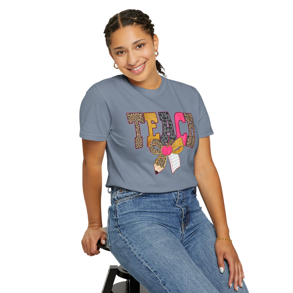 Teacher Graphic Tee — 'TEACH' Leopard Print Pencil Bow Design