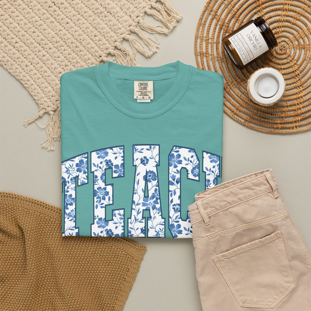Teacher Floral Arch T-Shirt — 'TEACH' Blue Floral Print Tee
