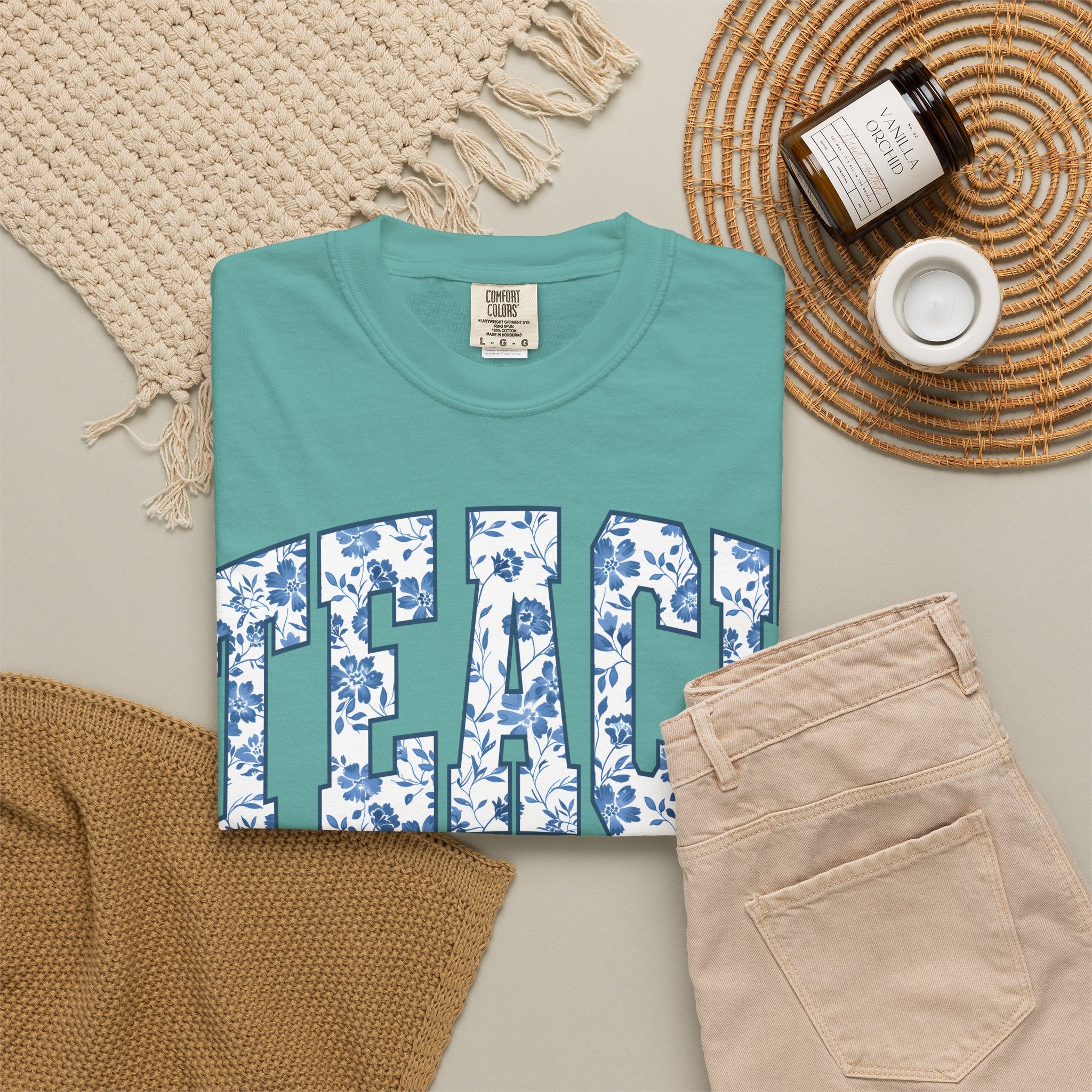 Teacher Floral Arch T-Shirt — 'TEACH' Blue Floral Print Tee