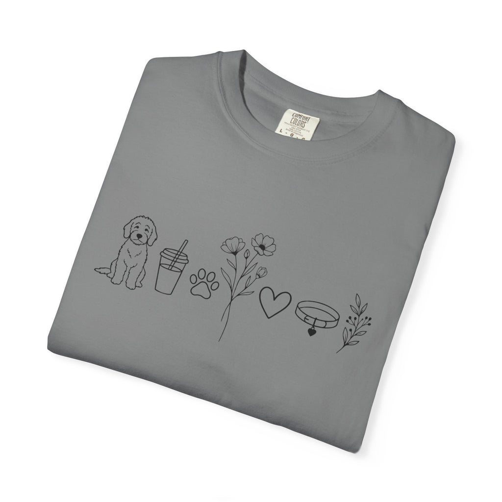 Minimal Doodle and Floral Icons T-Shirt — Coffee, Plants & Dog Line Art Tee