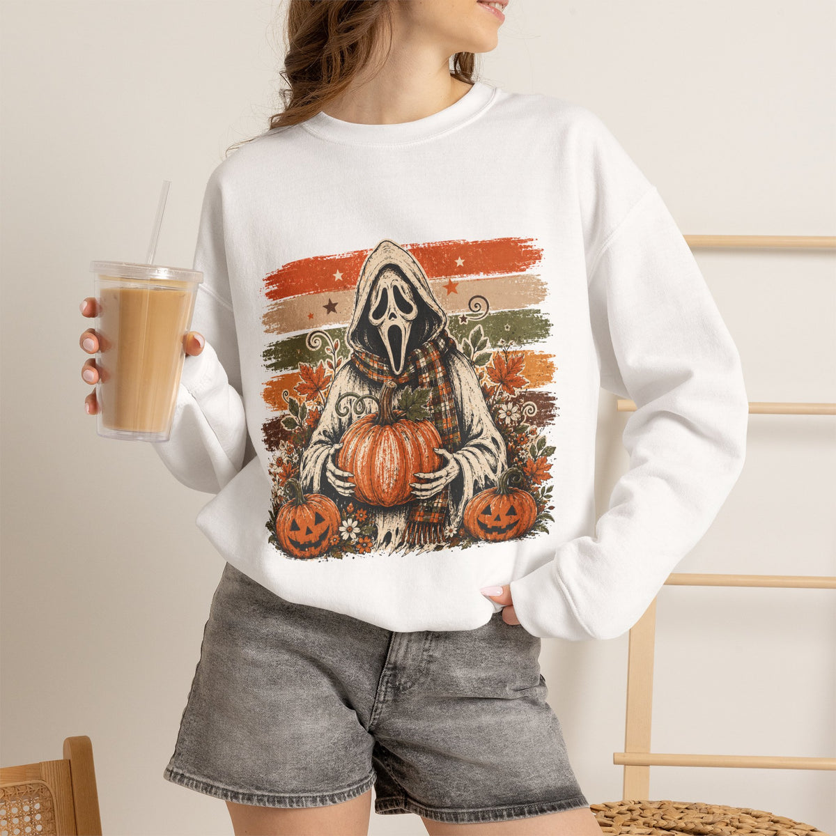 Halloween Scream Crewneck Sweatshirt — Ghost Face Pumpkin Design