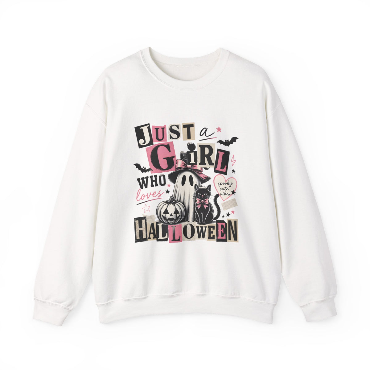 Halloween Sweatshirt — "Just a Girl Who Loves Halloween" Cute Ghost & Pumpkin Crewneck