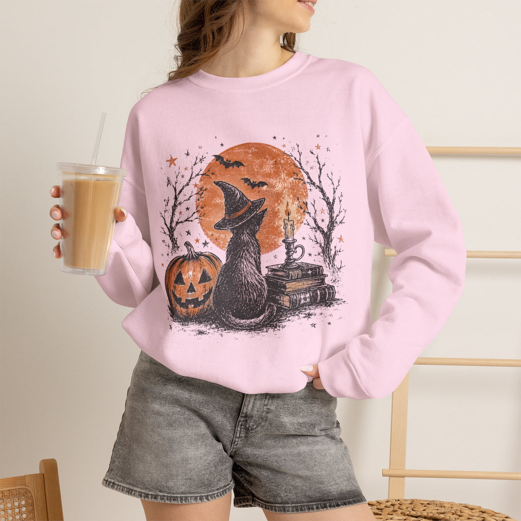 Crewneck Sweatshirt — Halloween Cat Witch Moon Graphic
