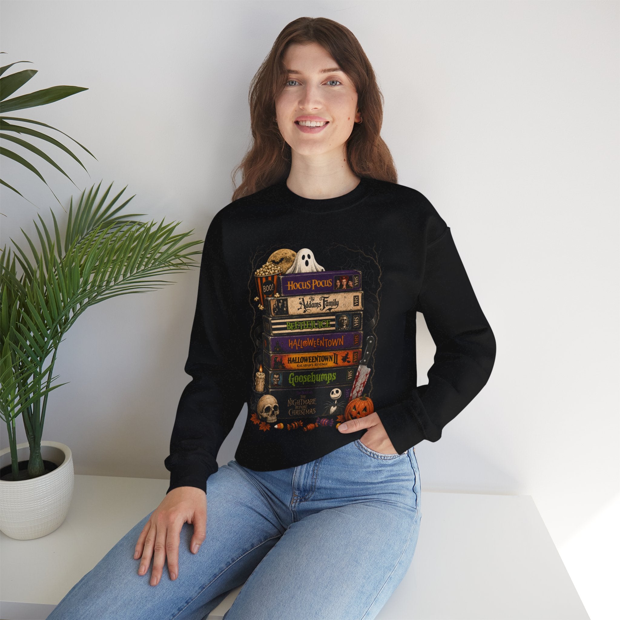 Halloween Book Stack Crewneck Sweatshirt — Spooky Classics Stack with Pumpkin & Skulls