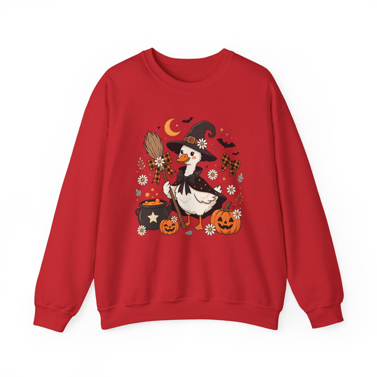 Halloween Duck Witch Crewneck Sweatshirt — Cute Pumpkin & Cauldron Graphic