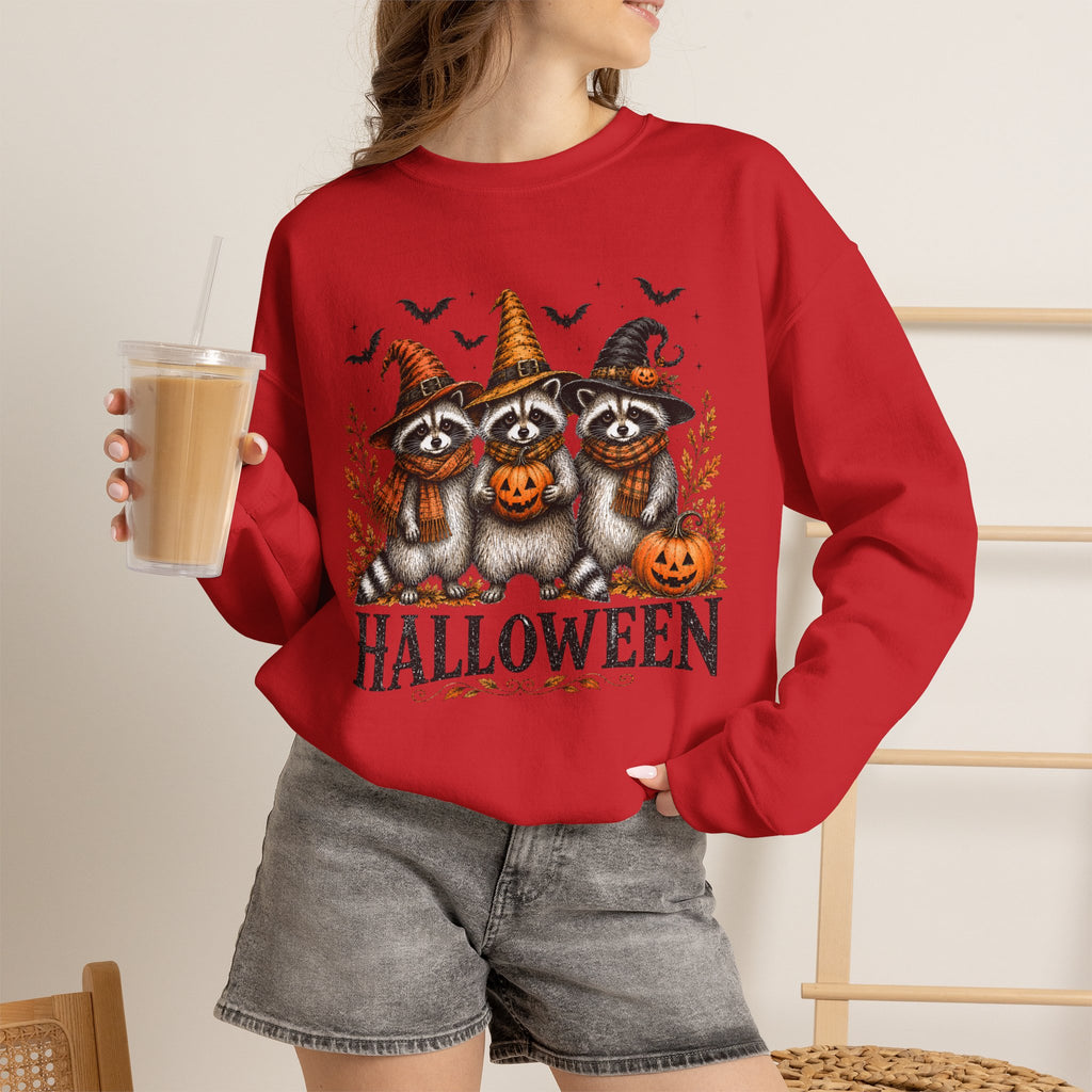Halloween Raccoon Crewneck Sweatshirt — Cute Witch Hats & Pumpkin Design