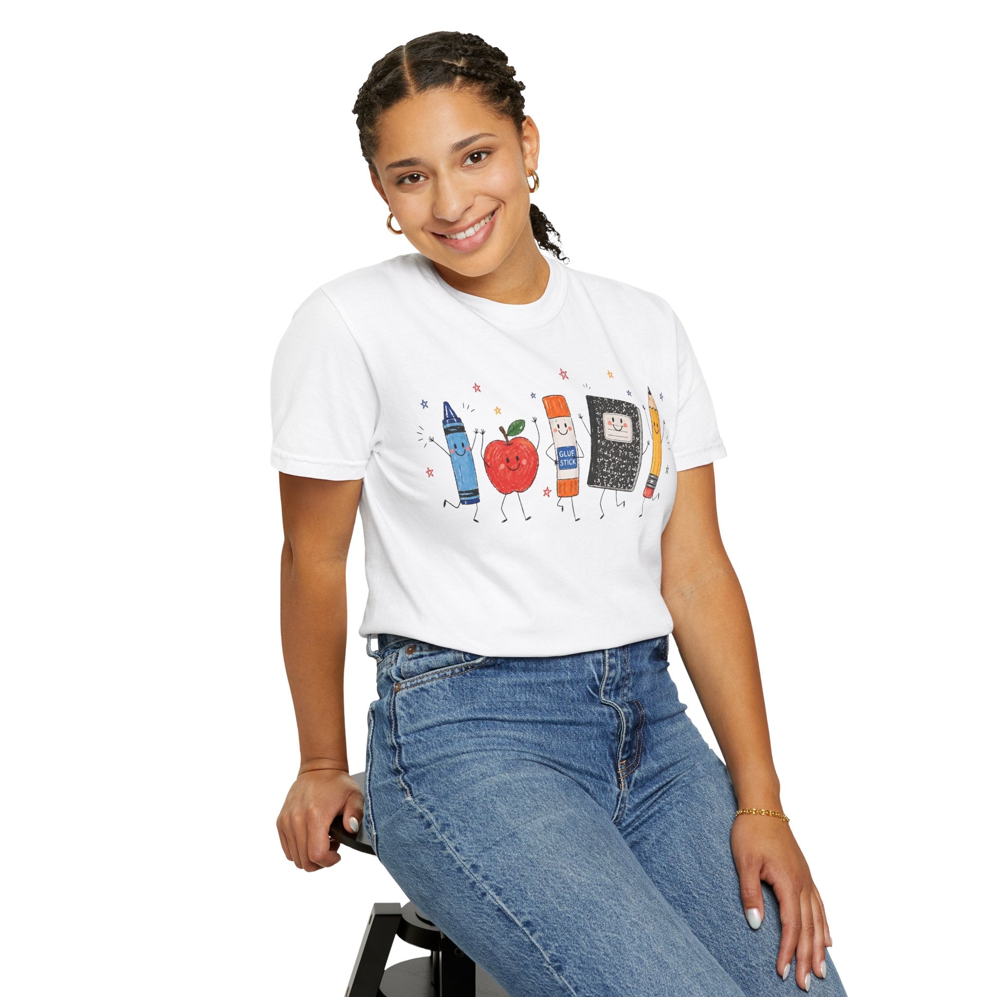 Cute School Supplies Teacher T-Shirt — Happy Apple, Crayon & Pencil Graphic Tee