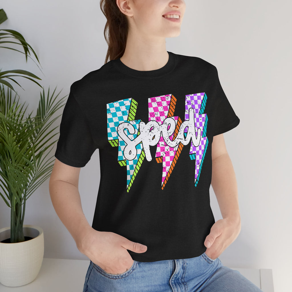 Speed Lightning Tee — Retro Checkerboard Bolt Graphic T-Shirt