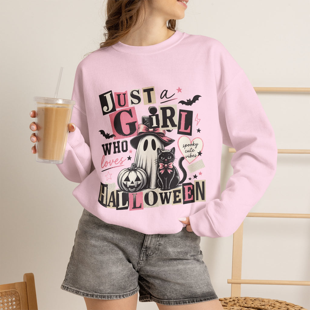 Halloween Sweatshirt — "Just a Girl Who Loves Halloween" Cute Ghost & Pumpkin Crewneck