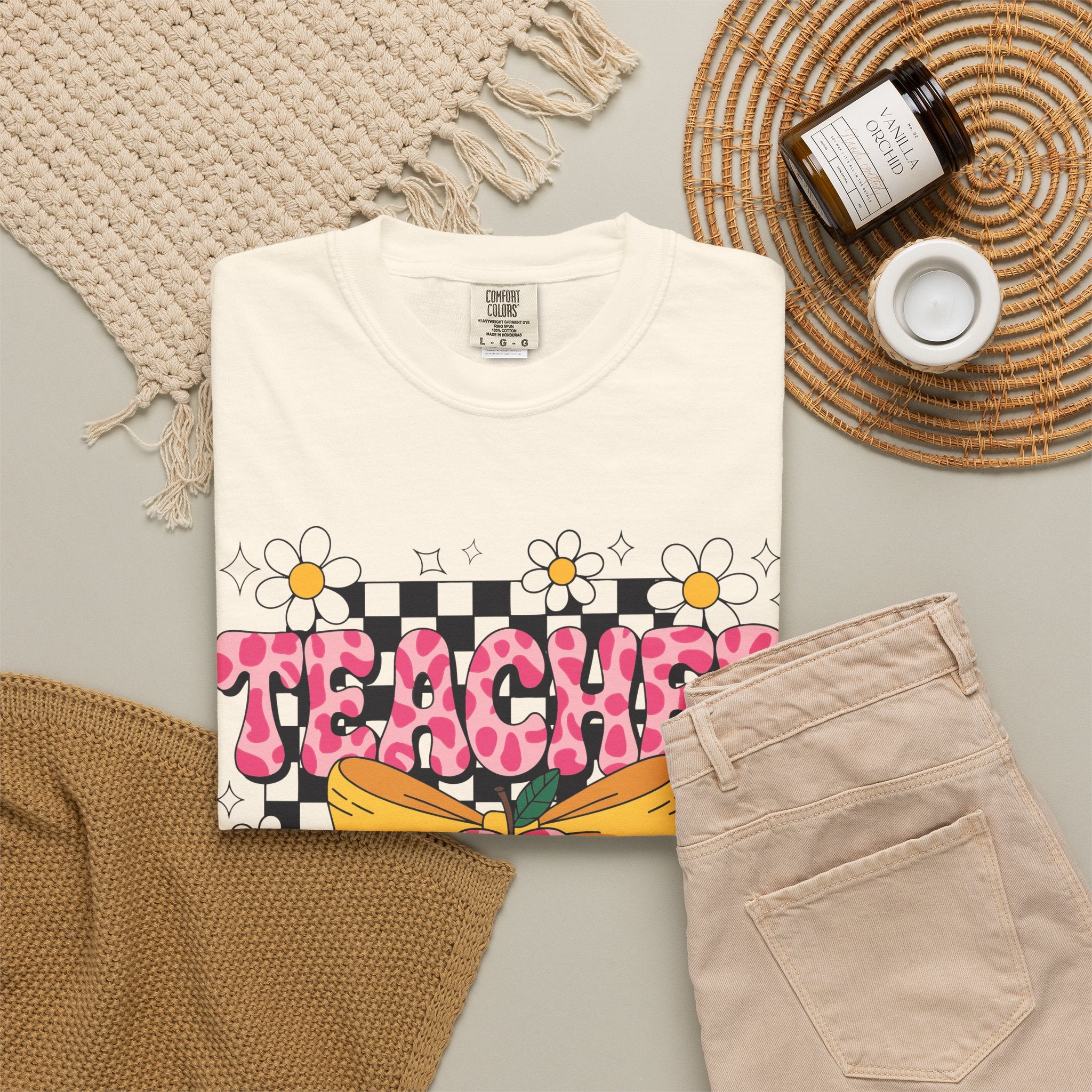 Teacher Floral Bow T‑Shirt — Cute Checkerboard & Heart Design for Educators