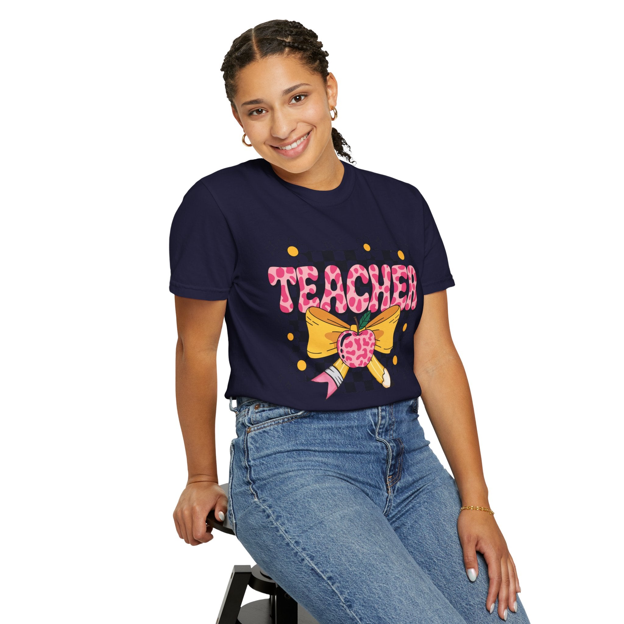 Teacher Floral Bow T‑Shirt — Cute Checkerboard & Heart Design for Educators