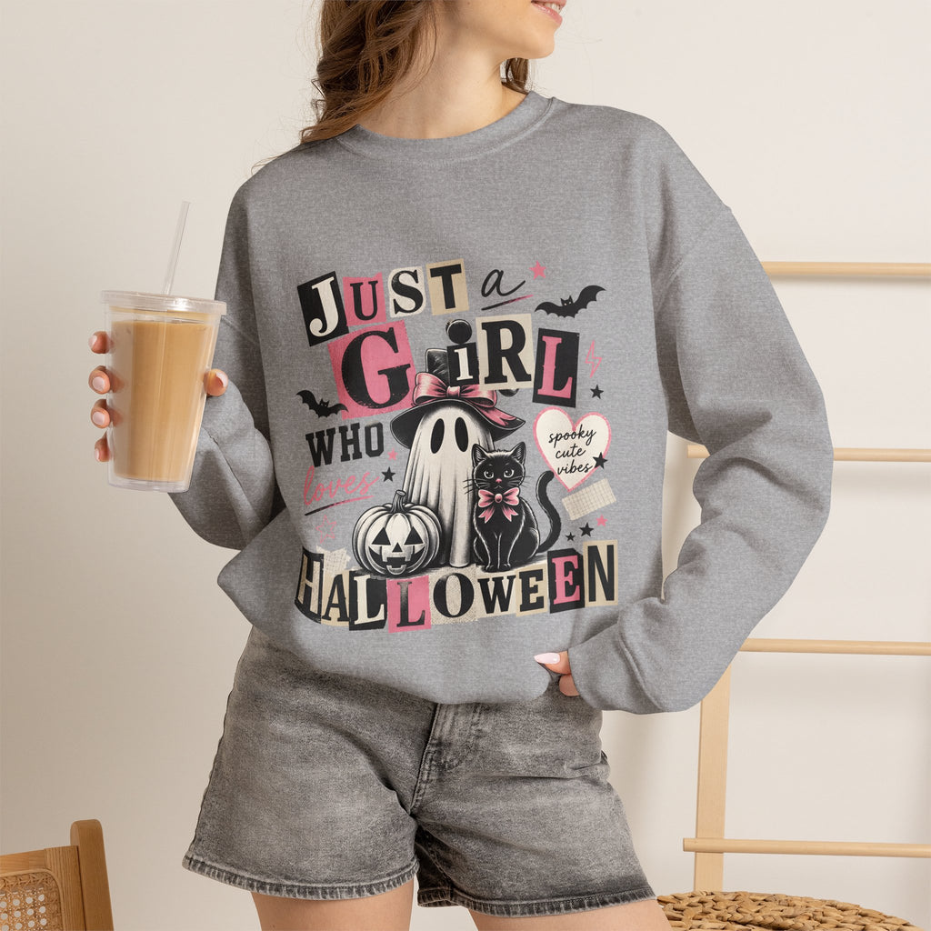 Halloween Sweatshirt — "Just a Girl Who Loves Halloween" Cute Ghost & Pumpkin Crewneck