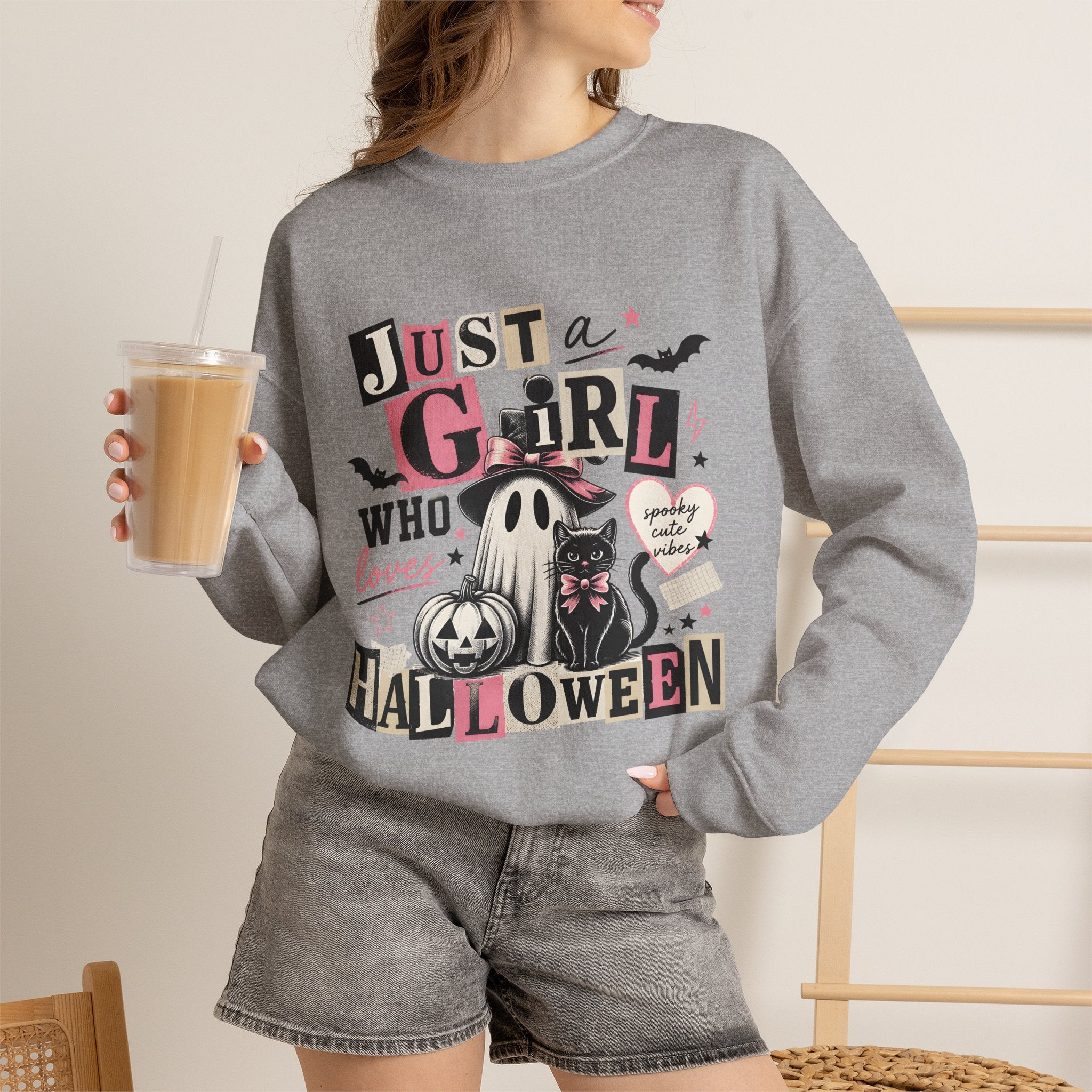 Halloween Sweatshirt — "Just a Girl Who Loves Halloween" Cute Ghost & Pumpkin Crewneck