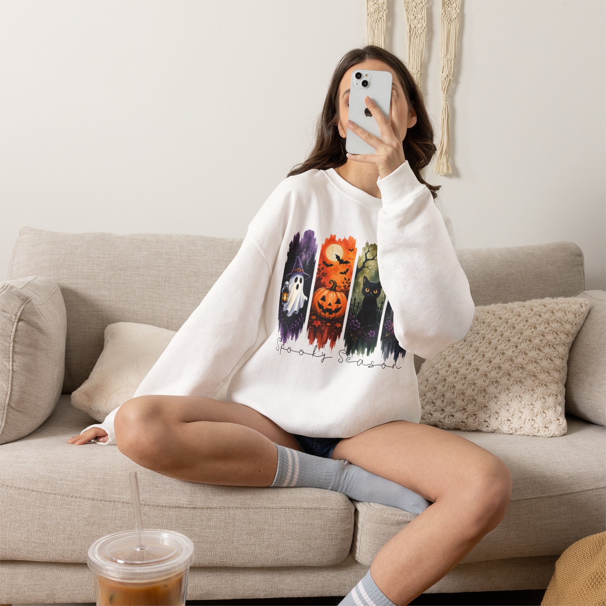 Halloween Seasons Crewneck Sweatshirt — Spooky Ghost, Jack-o'-Lantern & Haunted Night Design