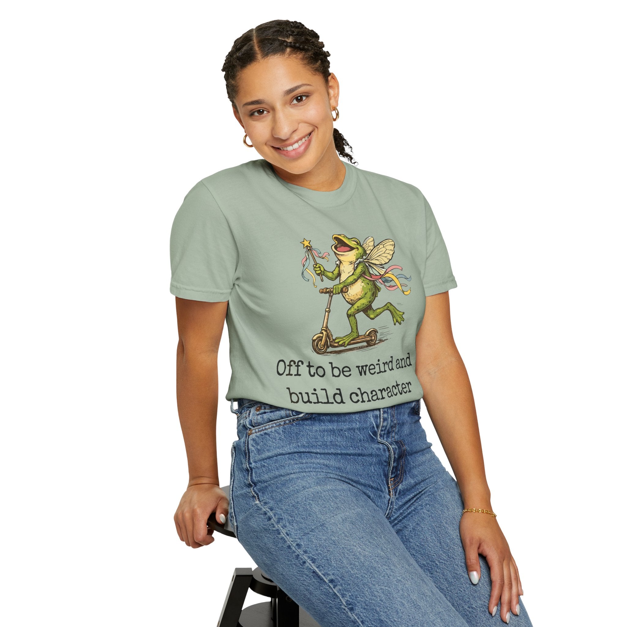 Frog Fairy T-Shirt — "Off to be weird and build character" Cute Whimsical Graphic Tee