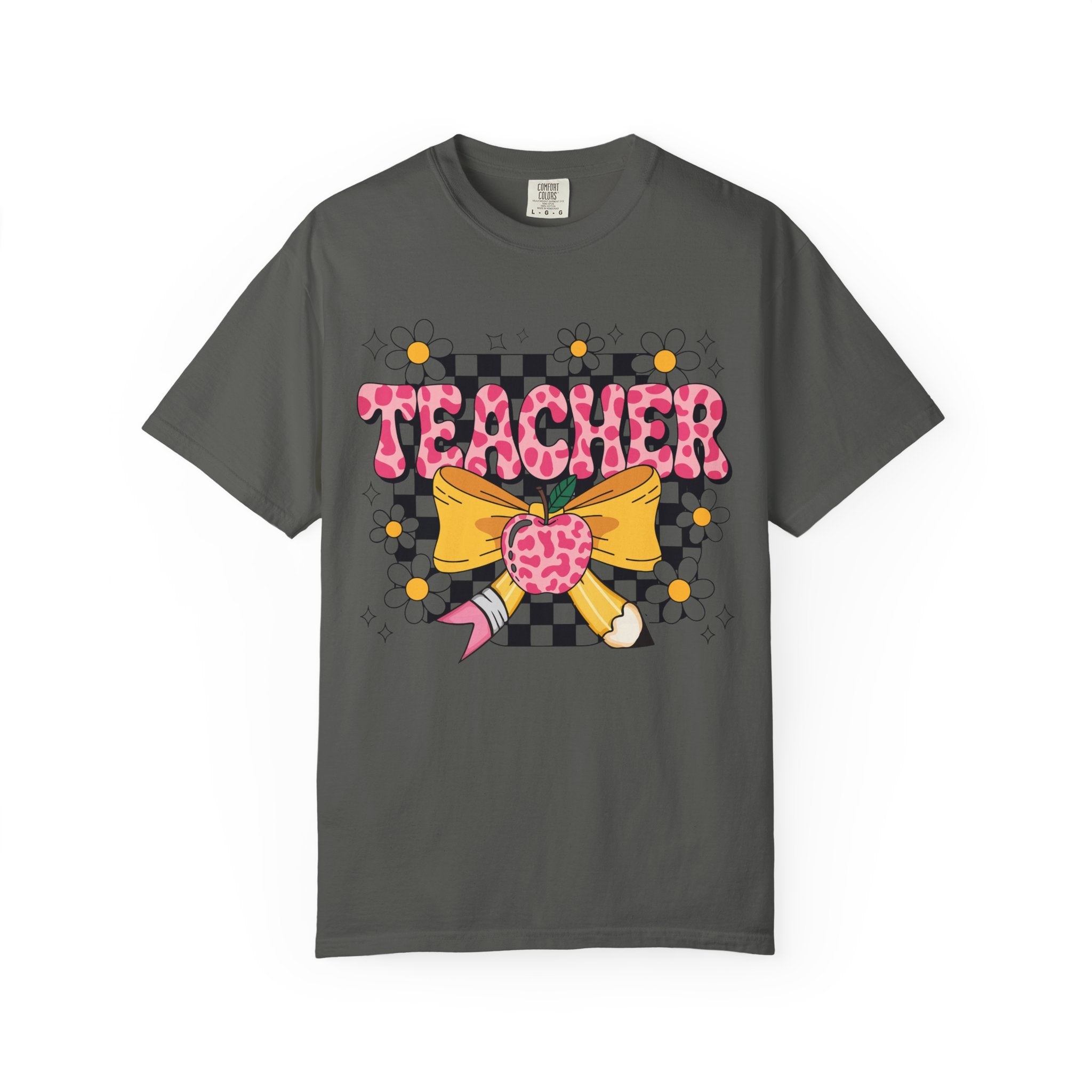 Teacher Floral Bow T‑Shirt — Cute Checkerboard & Heart Design for Educators