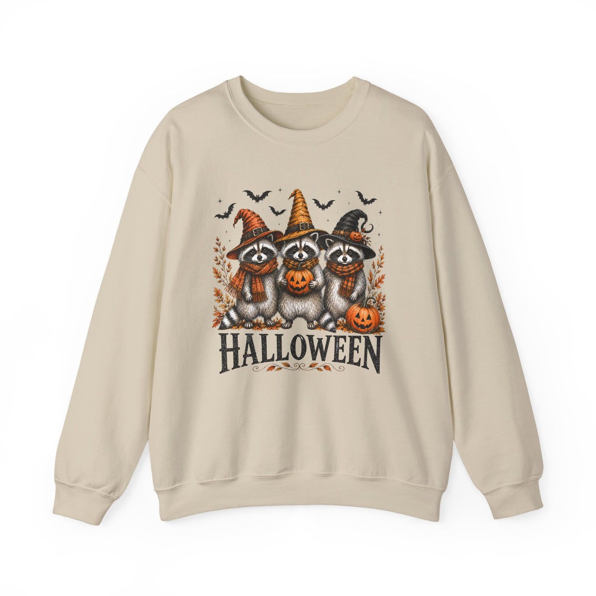 Halloween Raccoon Crewneck Sweatshirt — Cute Witch Hats & Pumpkin Design