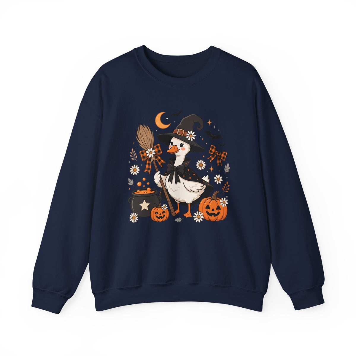 Halloween Duck Witch Crewneck Sweatshirt — Cute Pumpkin & Cauldron Graphic