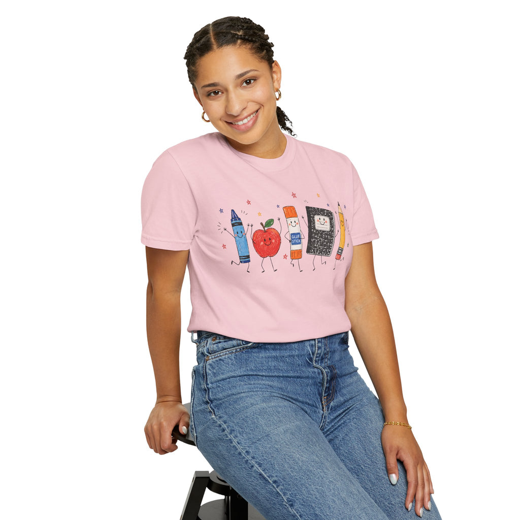 Cute School Supplies Teacher T-Shirt — Happy Apple, Crayon & Pencil Graphic Tee