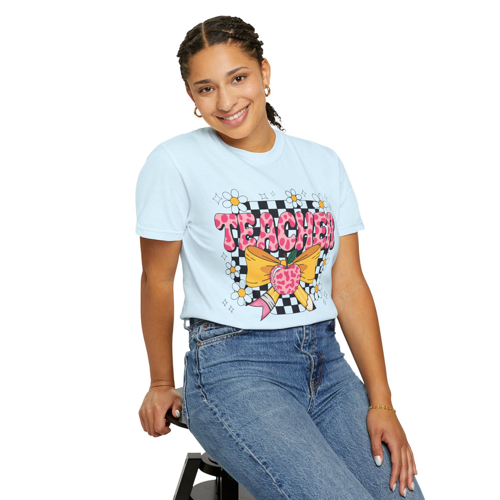 Teacher Floral Bow T‑Shirt — Cute Checkerboard & Heart Design for Educators