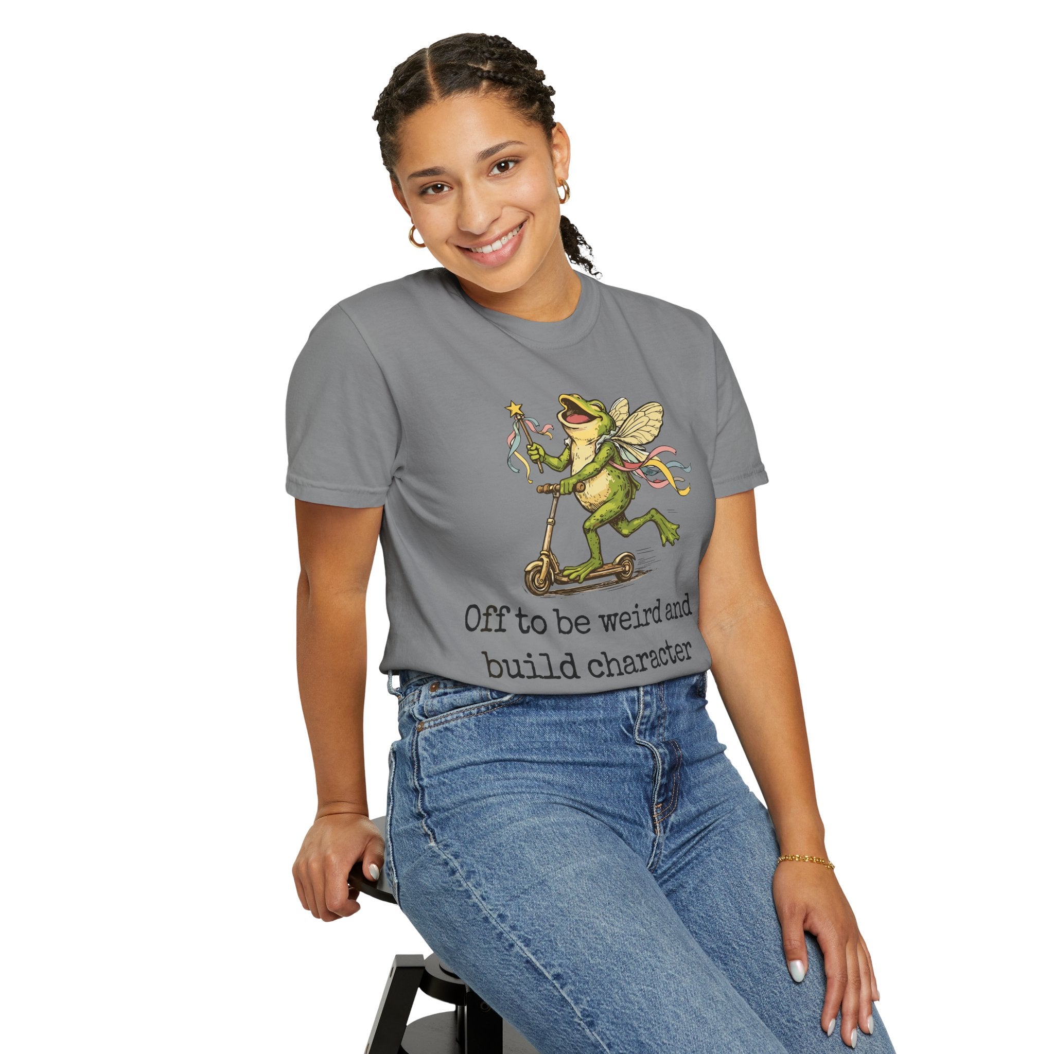 Frog Fairy T-Shirt — "Off to be weird and build character" Cute Whimsical Graphic Tee