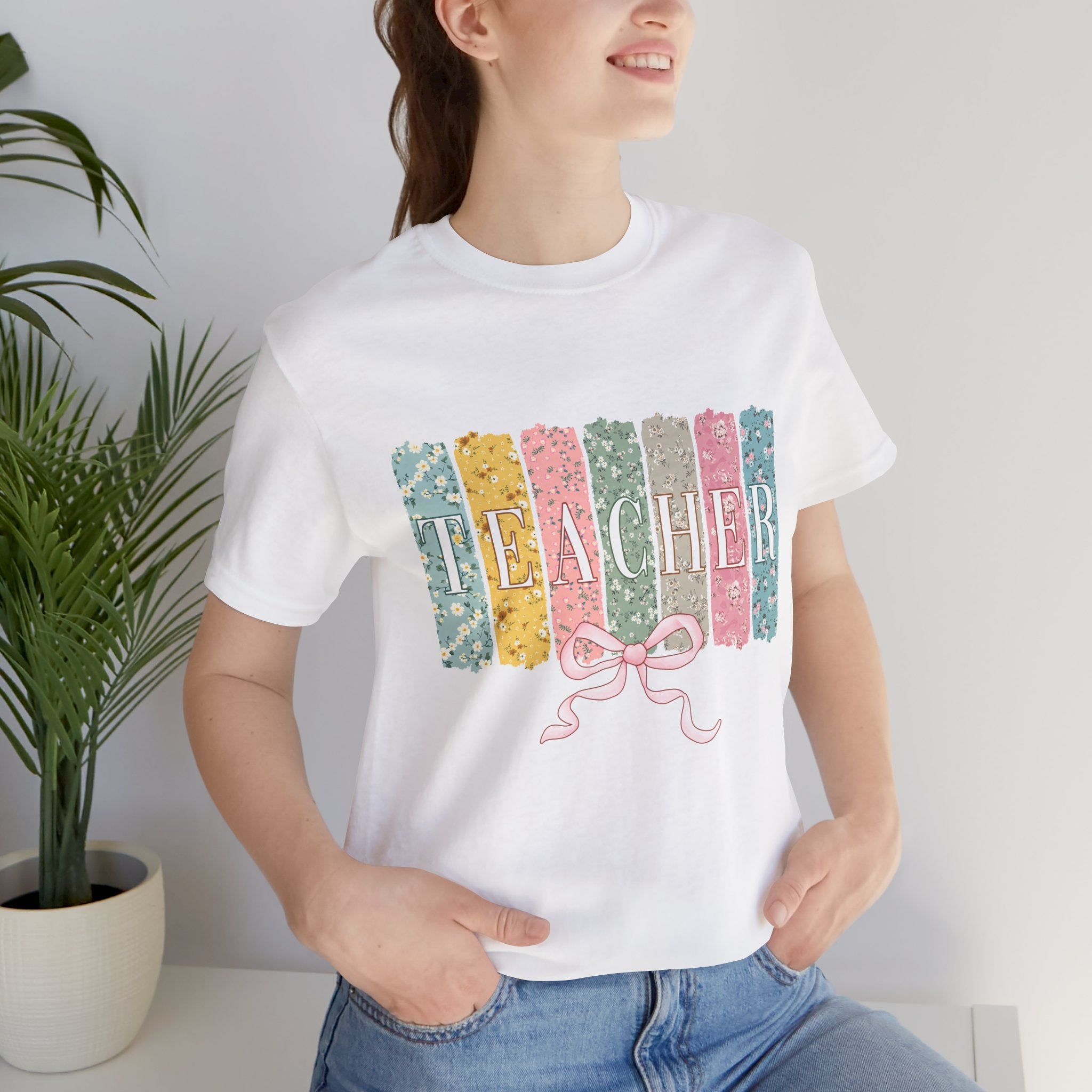 Teacher Floral Stripe T-Shirt - Pastel Ribbon Classroom Gift