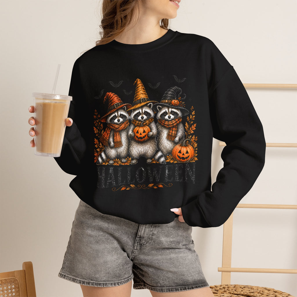 Halloween Raccoon Crewneck Sweatshirt — Cute Witch Hats & Pumpkin Design